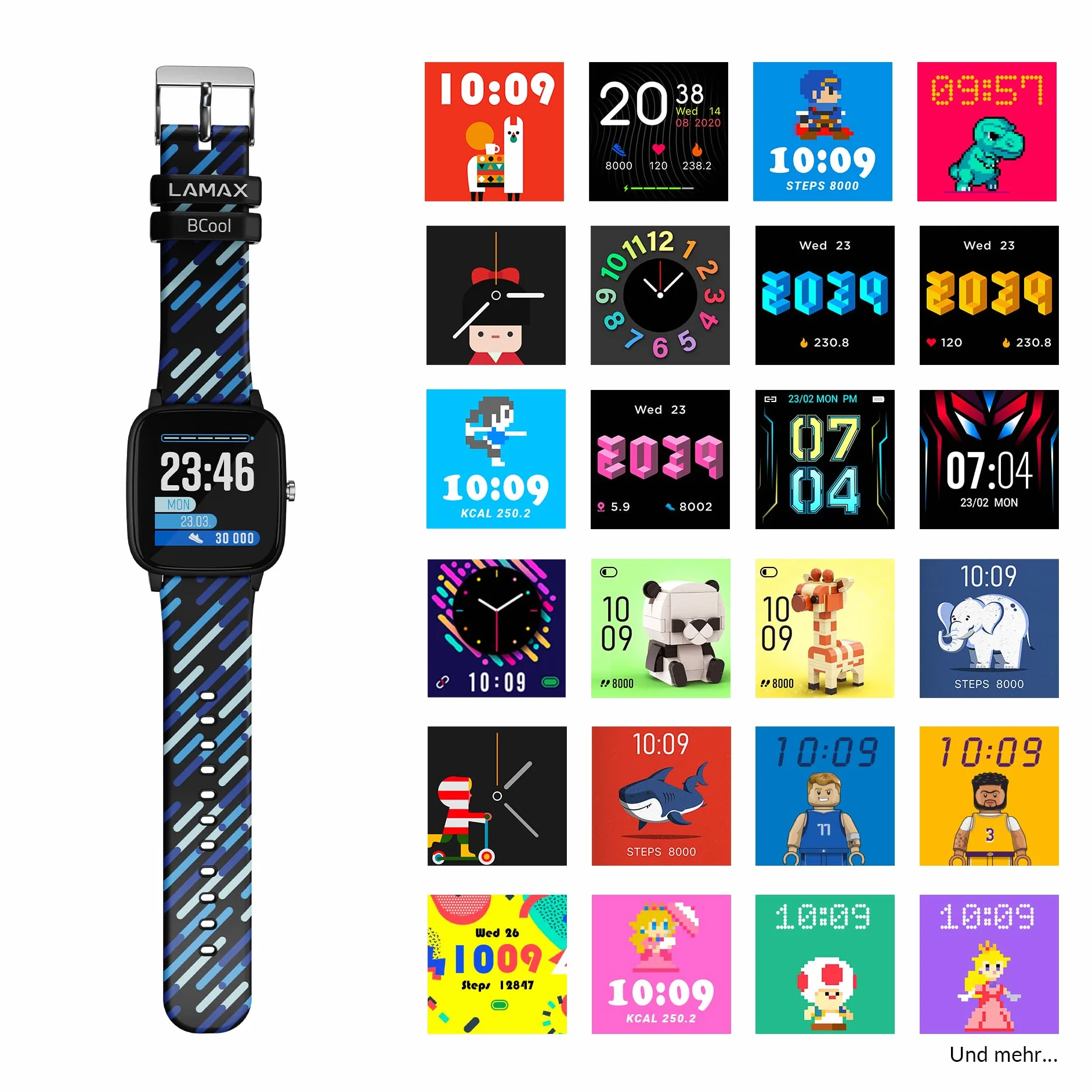 Lamax BCool dziecięcy smartwatch, zegarek dla dzieci, język włoski, czas trwania do 7 dni, krokomierz, pomiar tętna, analiza snu, IP68, 4 gry, dwa paski (czarny)