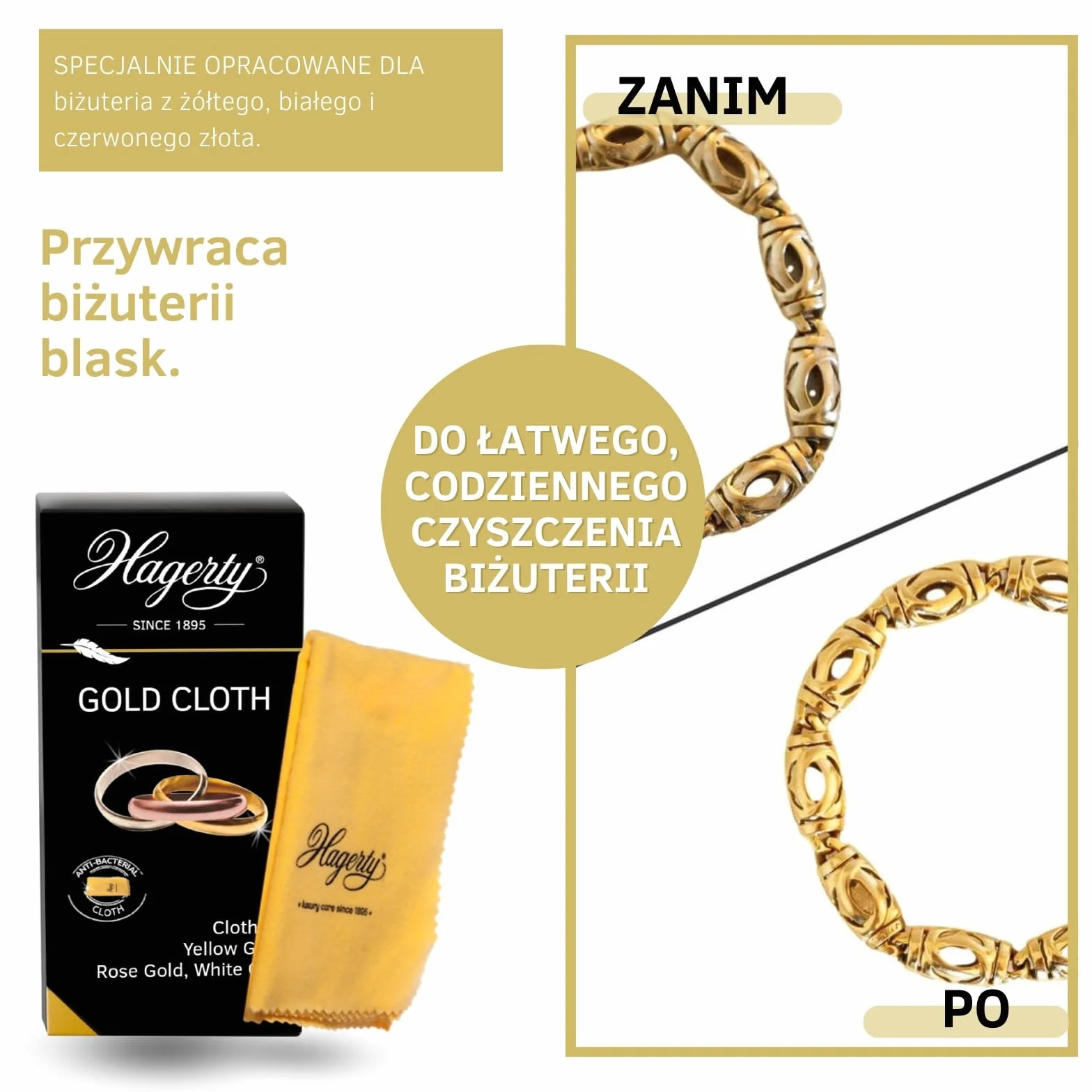 Hagerty Gold Cloth Ściereczka do czyszczenia złota 36 x 30 cm I Impregnowana bawełniana ściereczka do czyszczenia złotej biżuterii przywracająca połysk I Skuteczna ściereczka do polerowania biżuterii