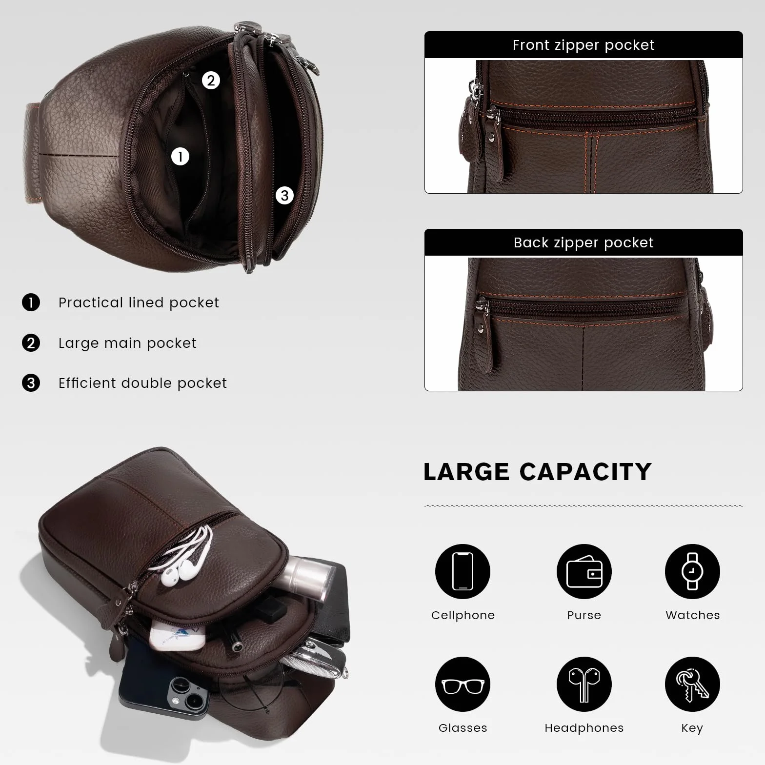 molshine Torba crossbody z prawdziwej skóry, modna klatka piersiowa, codzienna torba na ramię dla mężczyzn kobiet praca podróż jazda na rowerze HB024