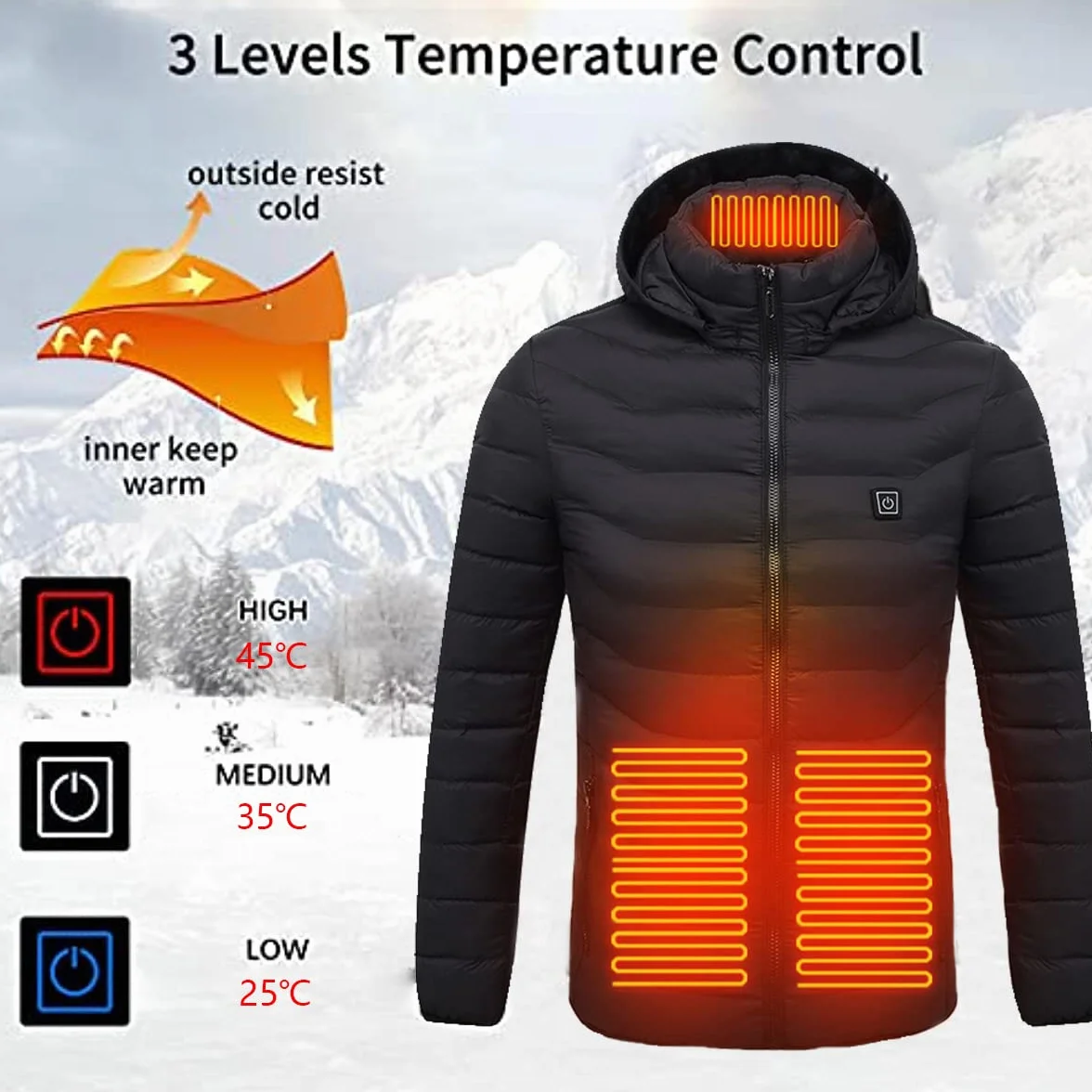 scosao Heated Jacket Rechargeable Heated Coat 8 Heat Zones for Women and Men with Detachable Hood Winter Outdoor Warm Jackets