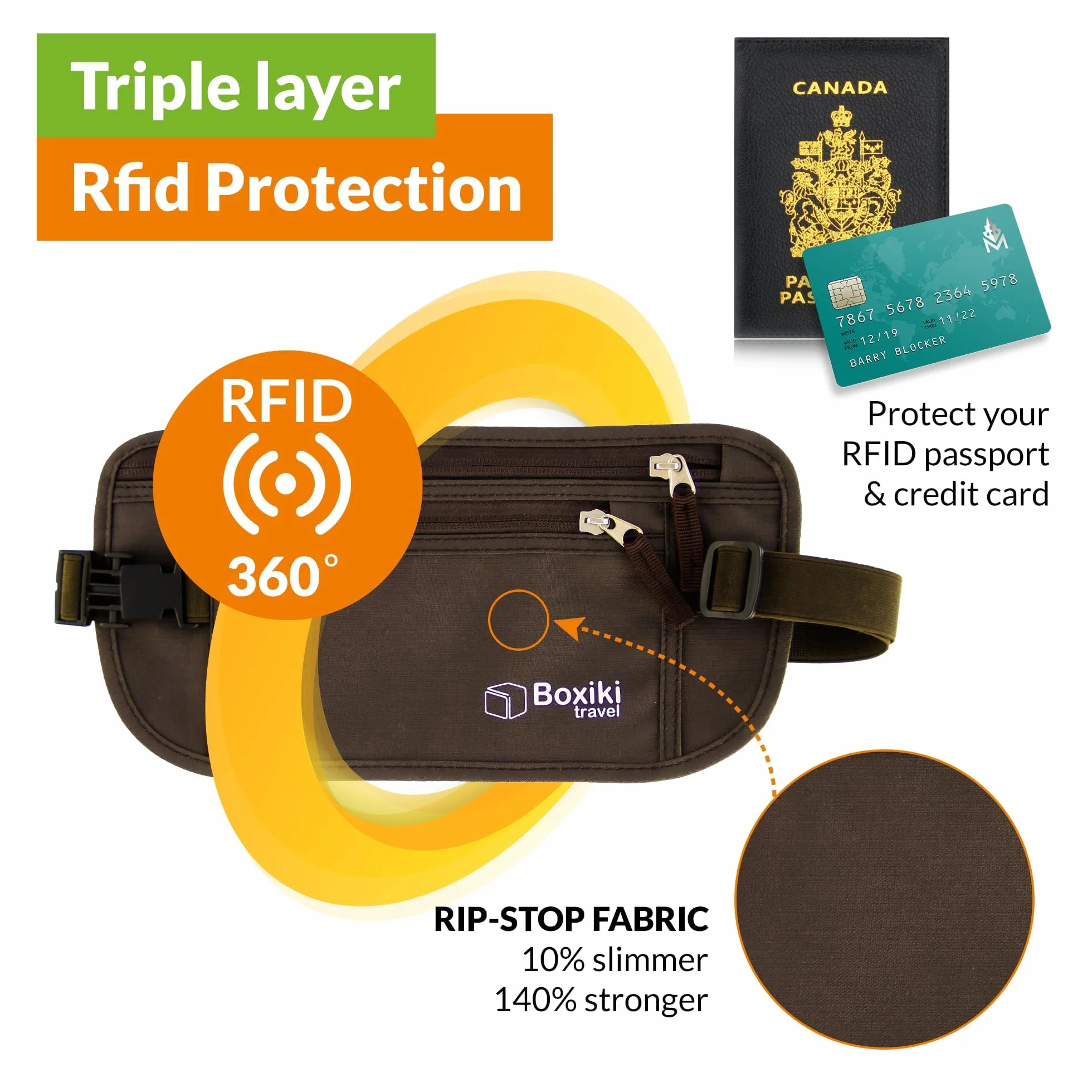 Boxiki Travel Ukryty pasek na pieniądze dla mężczyzn i kobiet – blokujący RFID saszetka w talii na paszport, portfel i telefon – bezpieczna i zabezpieczona podczas podróży, brązowy, Einheitsgröße