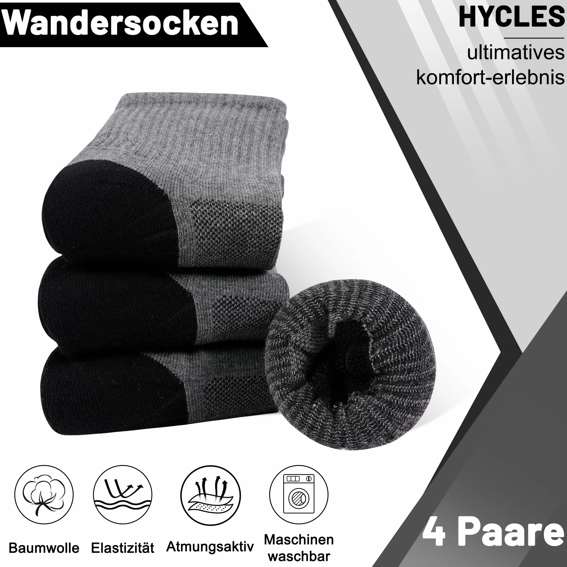 HYCLES Skarpety trekkingowe męskie i damskie, skarpety funkcyjne, męskie, oddychające, bawełniane, sportowe, 4 pary