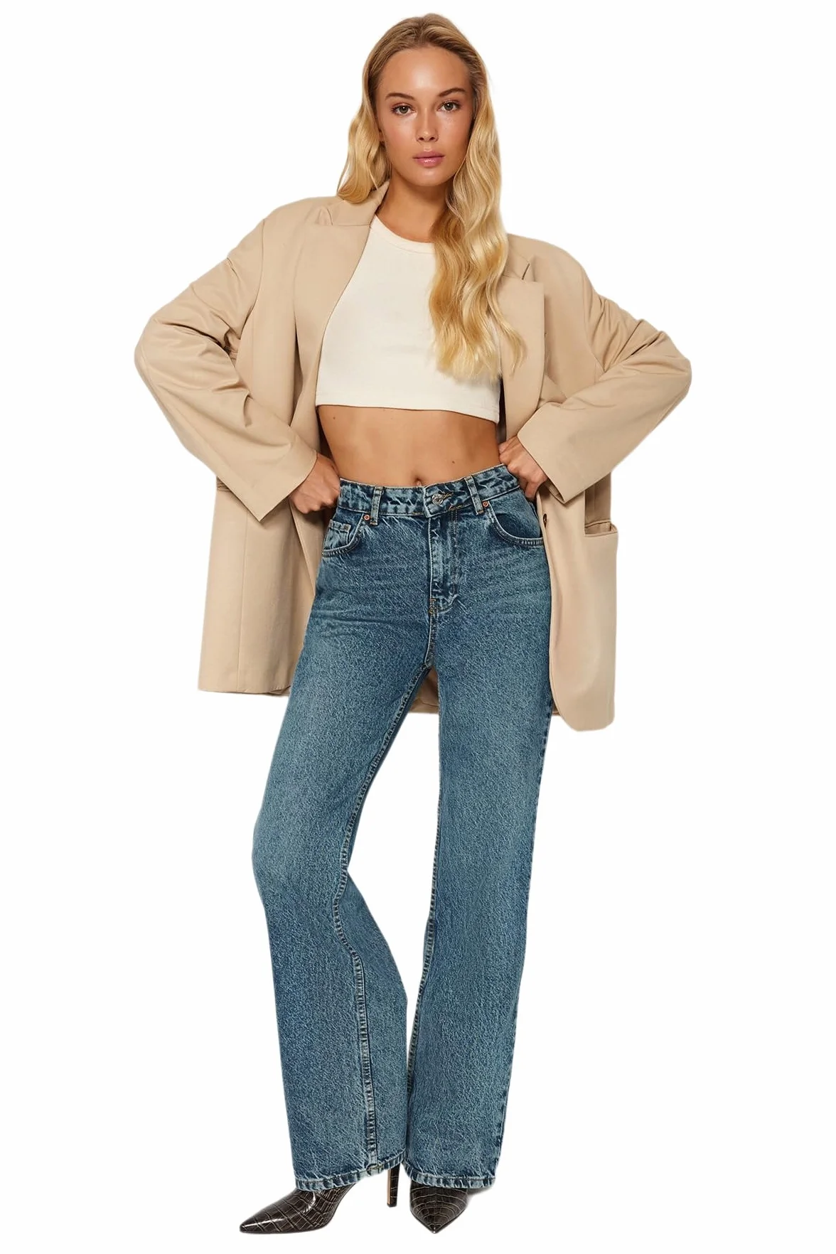 Trendyol Blue Pale Effect Vintage High Waisted Wide Leg Jeans Twoaw24je00089 - Dżins Kobiety