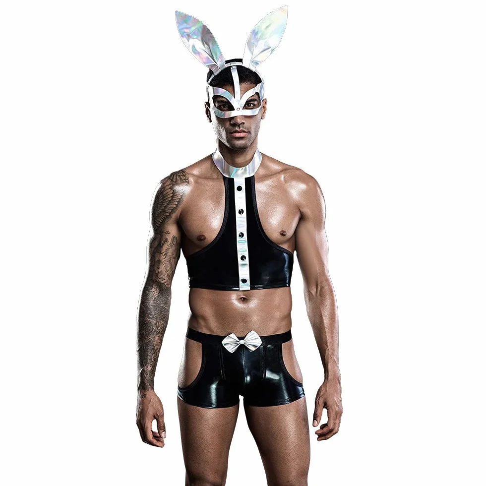 BaronHong Seksowny kostium męski Cosplay Bunny Boy PU Bielizna dla mężczyzn, do klubu nocnego, kelnera, mundur erotyczny hormonalny strój królika