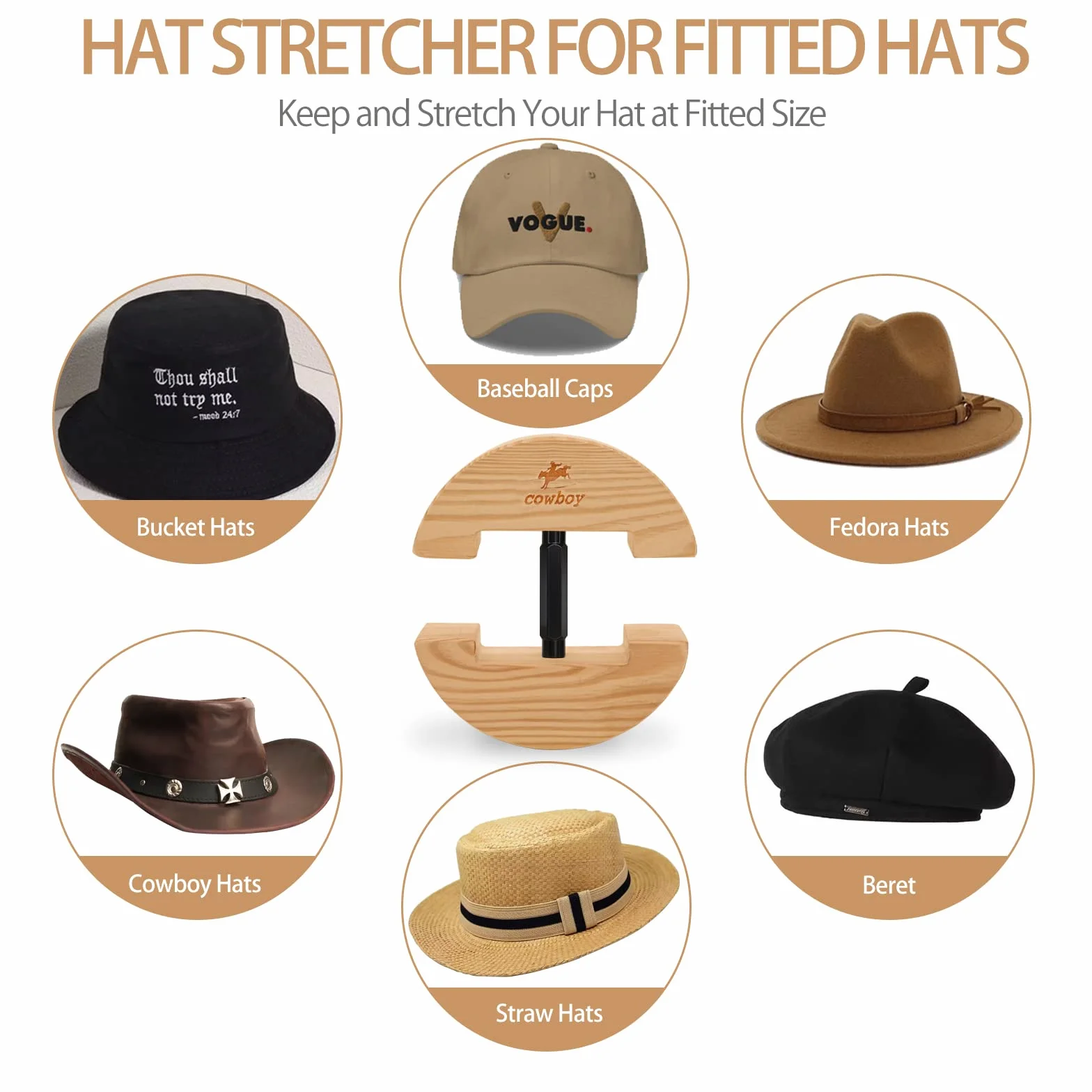 Cowboy®, kolorowy, regulowany i wytrzymały napinacz na kapelusze, rozmiar S: 16,5 do 24 cm, rozmiar L: 19 do 27 cm, drewno, czarny, S