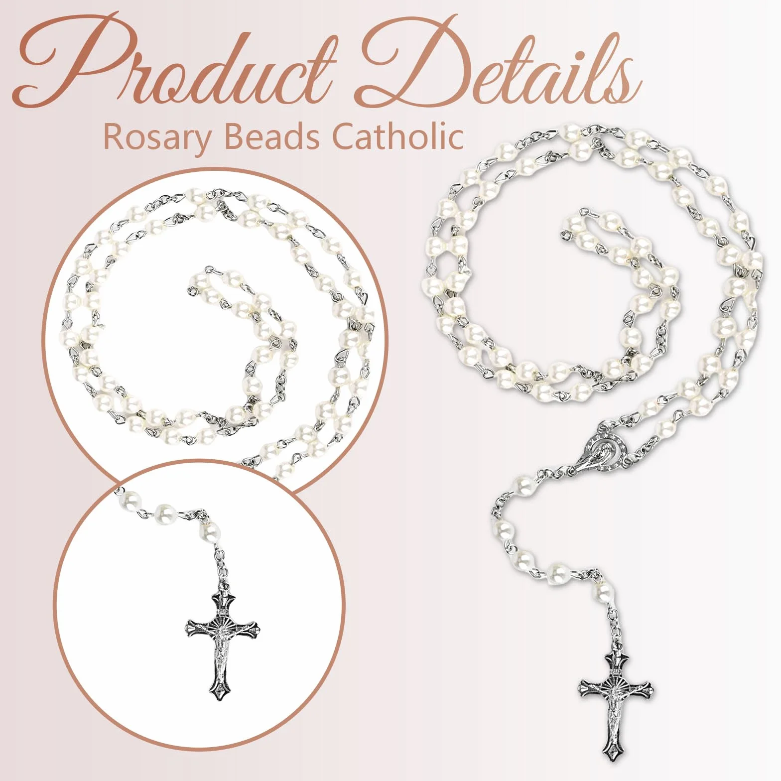 GlamRays Rosaria Beads Catholic - prezenty bierzmujące dla nastolatek, srebrne metalowe pudełko upominkowe w prostym stylu, biały różaniec ze sztucznej perły, prezenty dla kobiet, Large