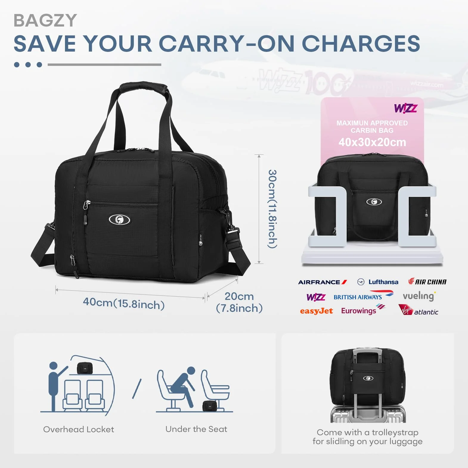 BAGZY Torba Podręczna 40x30x20 Wizzair 25L Składana Torba Sportowa Weekendowa Wodoodporna Torba Podróżna z Nylonu na Ramię Torba Kabinowa z Workiem Próżniowym dla Szpitala Podróży i Codziennego Użytku