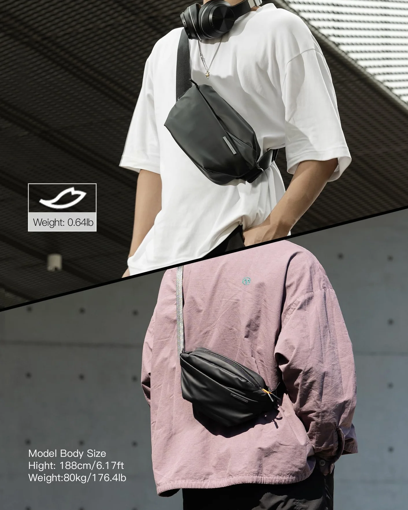 Inateck Sling Bag X, kompaktowa torba na klatkę piersiową dla mężczyzn i kobiet, wodoszczelna torba na brzuch, torba na ramię, na co dzień, w podróży, na wędrówki, czarny, 3L, casual