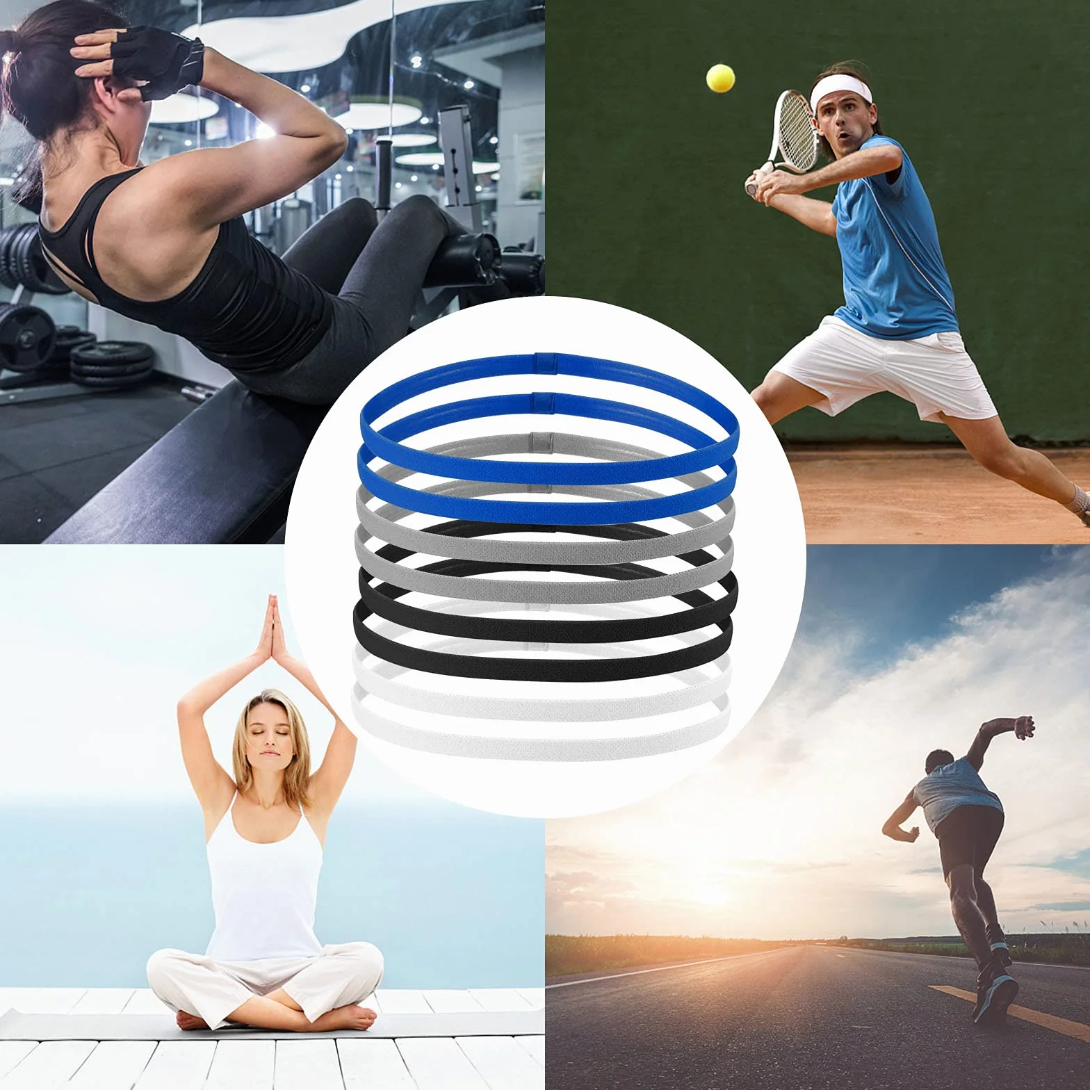 Dziecięca opaska sportowa na głowę, 8 szt., cienkie opaski fitness, antypoślizgowa elastyczna opaska na głowę, sportowa opaska na głowę dla chłopców, dziewcząt, czarny, biały, niebieski, szary