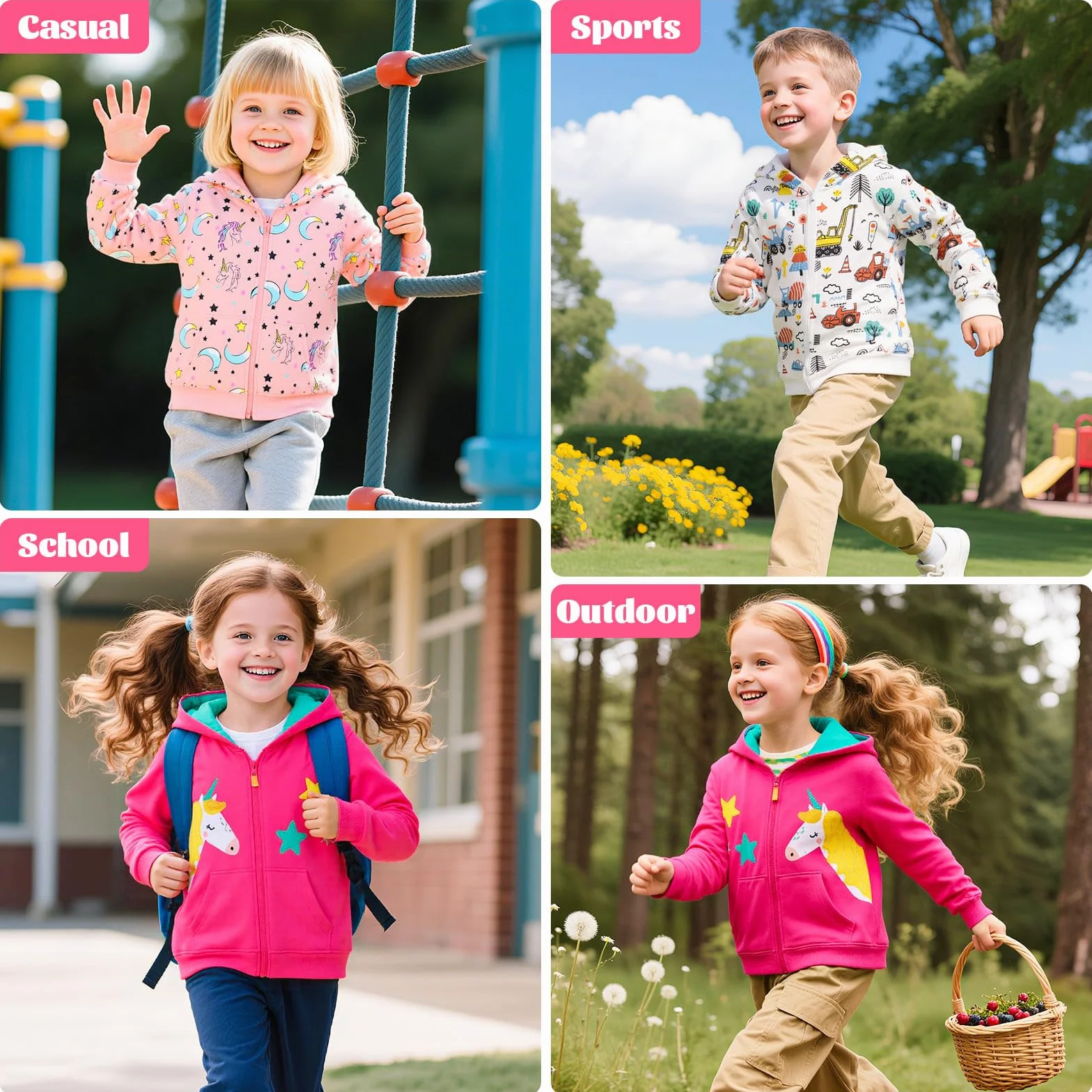 Bluza z kapturem z zamkiem błyskawicznym dla dziewczynki, chłopca, bawełniana kurtka z długim rękawem z kieszeniami, jednorożec traktor bluza z kapturem wiosna jesień casualowe ubrania szkolne