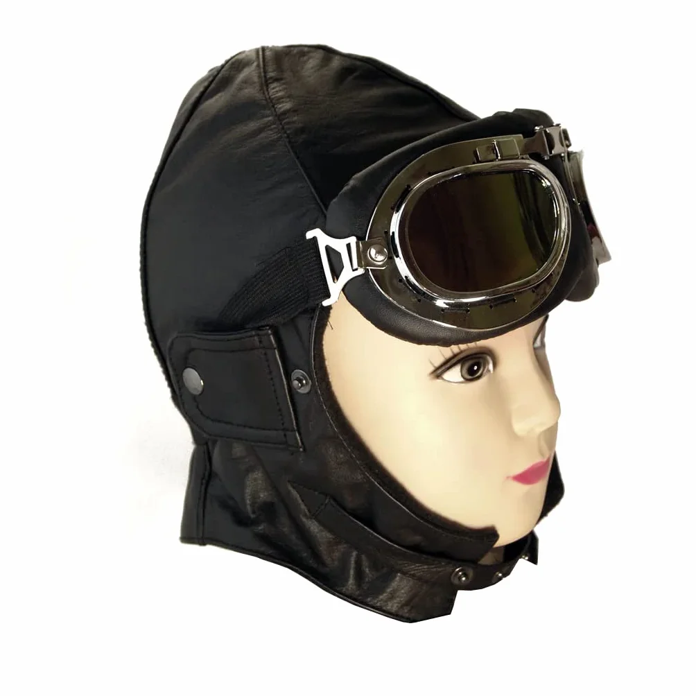 BLUETECH Cabriohaube Cabriom czapka lotnicza czapka oldtimerowa skóra czarna wraz z okularami panoramicznymi mężczyźni kobiety unisex
