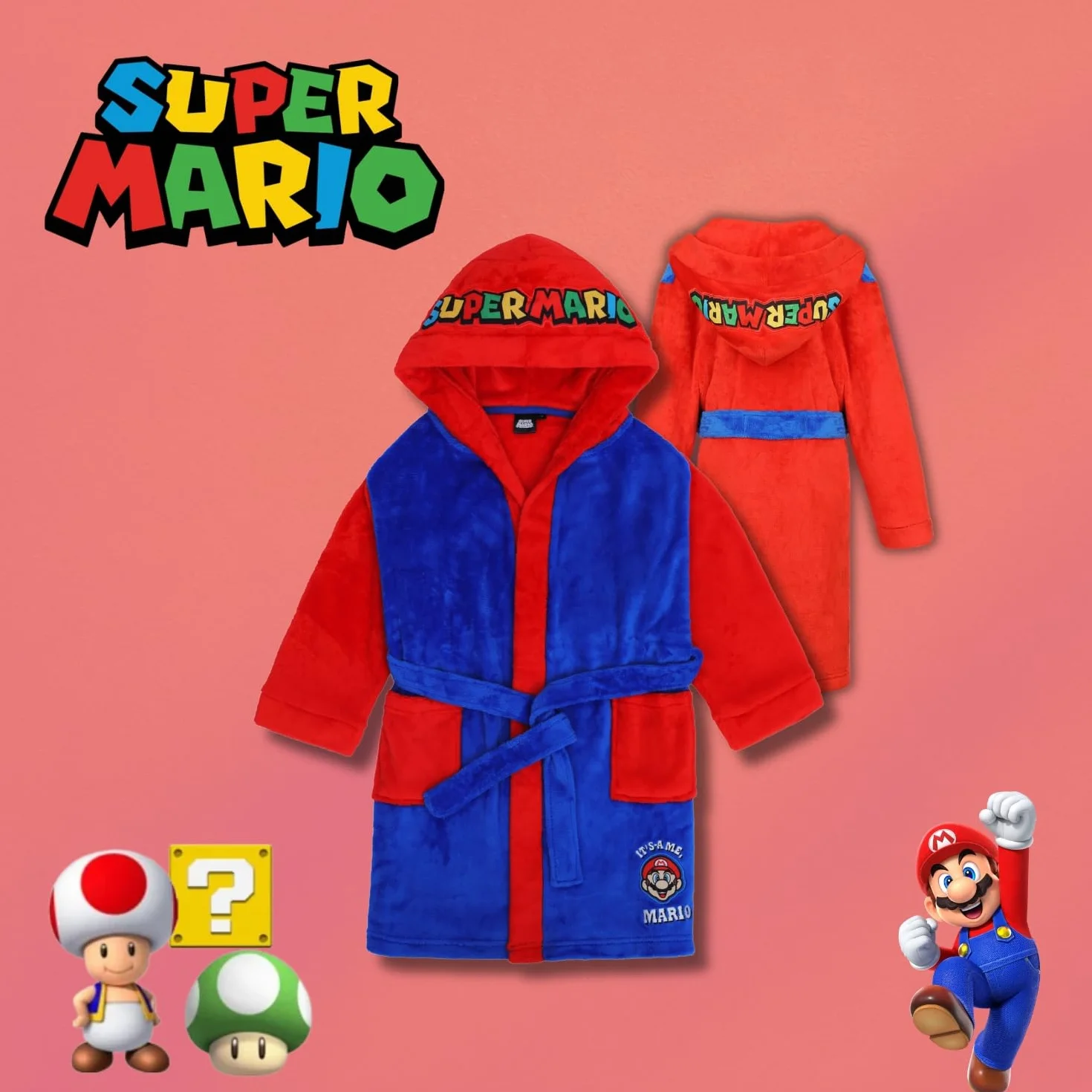 Super Mario Dziecięcy szlafrok kąpielowy, puszysty, polar koralowy z kapturem, logo, dla chłopców i dziewczynek