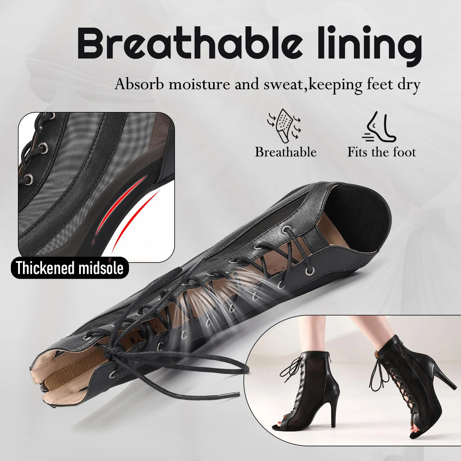 Damskie Buty do Tańca na Obcasie z Siateczką do Tańca Towarzyskiego Salsa Tango Performence Ankle Dance Boots