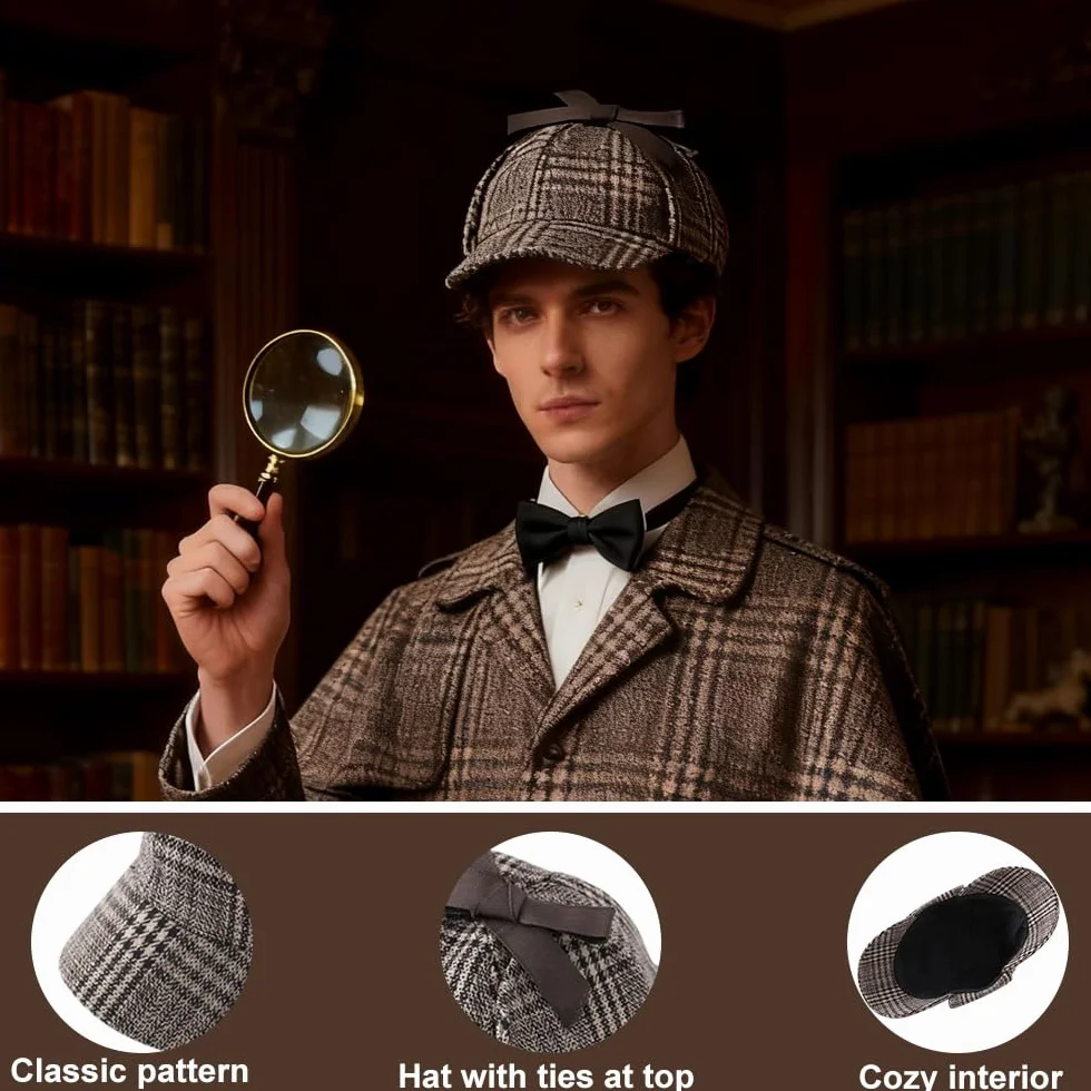 Zestaw akcesoriów do kostiumu detektywa, 5 sztuk, kostium Sherlocka Holmesa, rekwizyty do cosplay detektywa, z kapeluszem detektywistycznym, metalowymi okularami, lupą, muszką męską, brodą, dla