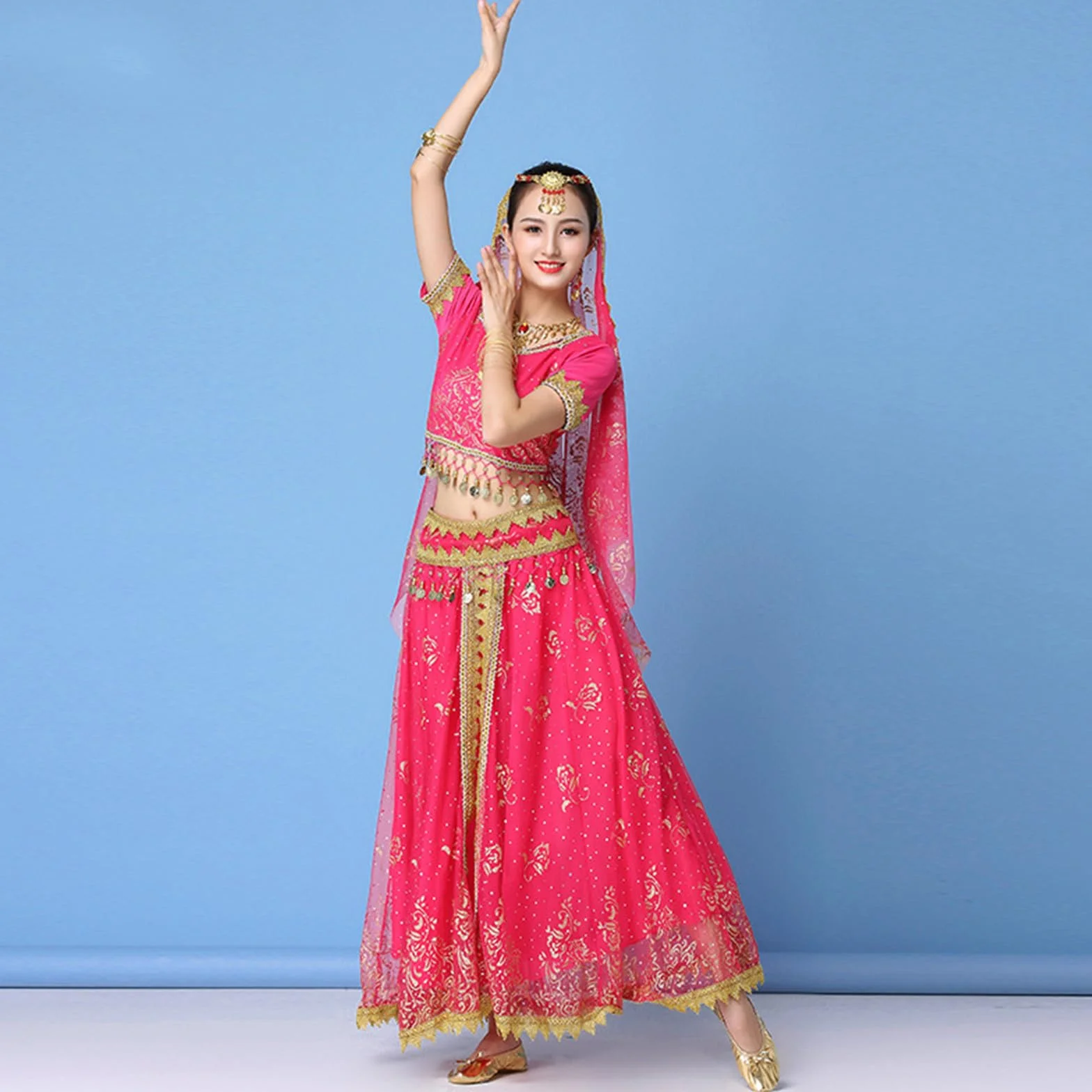 Sukienka Bollywood dla dorosłych, kostium damski, indyjski zestaw do tańca, taniec brzucha, sari, odzież do tańca, odzież na występy, szyfonowa spódnica
