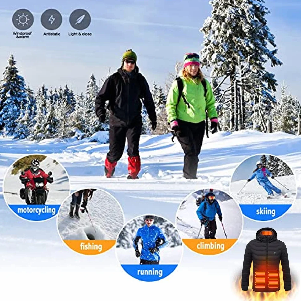 scosao Heated Jacket Rechargeable Heated Coat 8 Heat Zones for Women and Men with Detachable Hood Winter Outdoor Warm Jackets