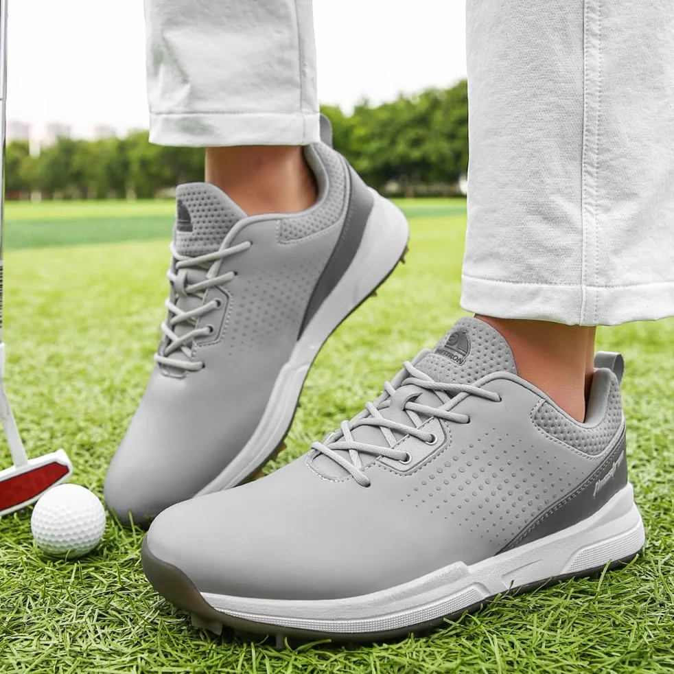 Męskie buty do golfa Spikless Leather Wide Fitting Golf Sneakers Outdoor Large Size Wodoodporne obuwie do chodzenia,Grey,43 EU
