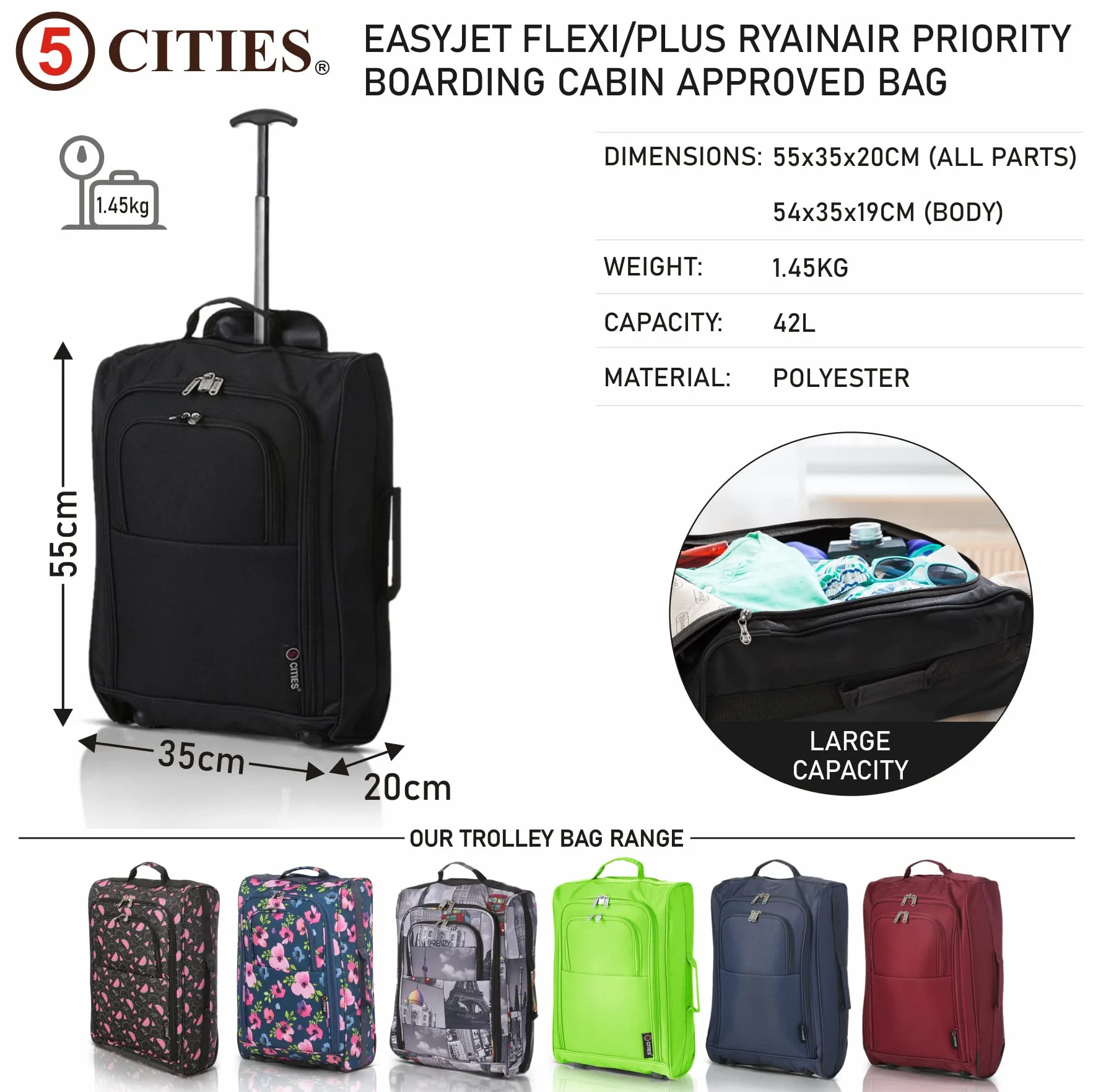 5 Cities Collection Zestaw Bagażu Podróżnego, 55cm, Czarny