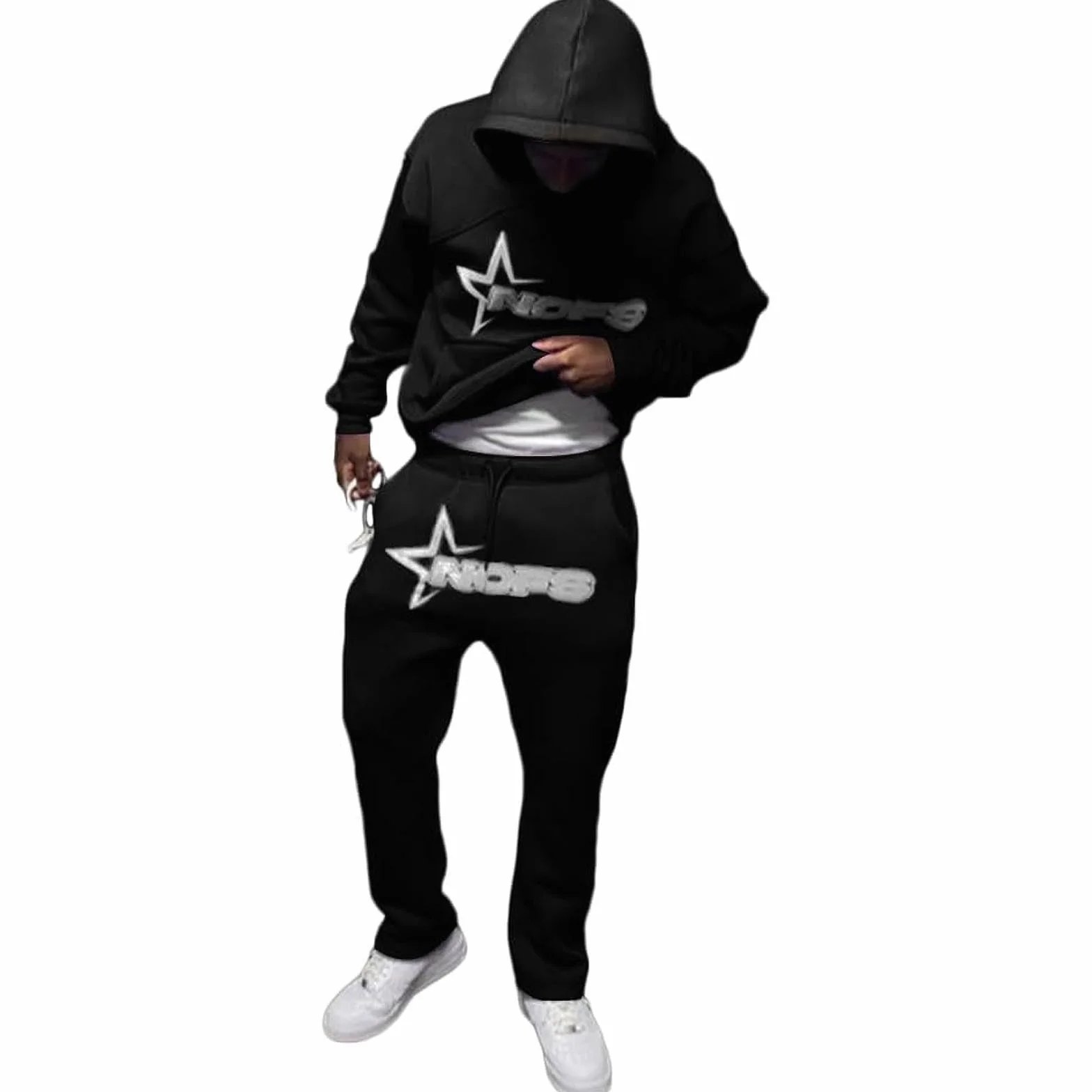 NOFS Męski dres do joggingu, Y2K, bawełna, 2 sztuki, bluza sportowa, bluza z kapturem Y2K + spodnie Nofs, męski dres sportowy, strój streetwear 2024, S