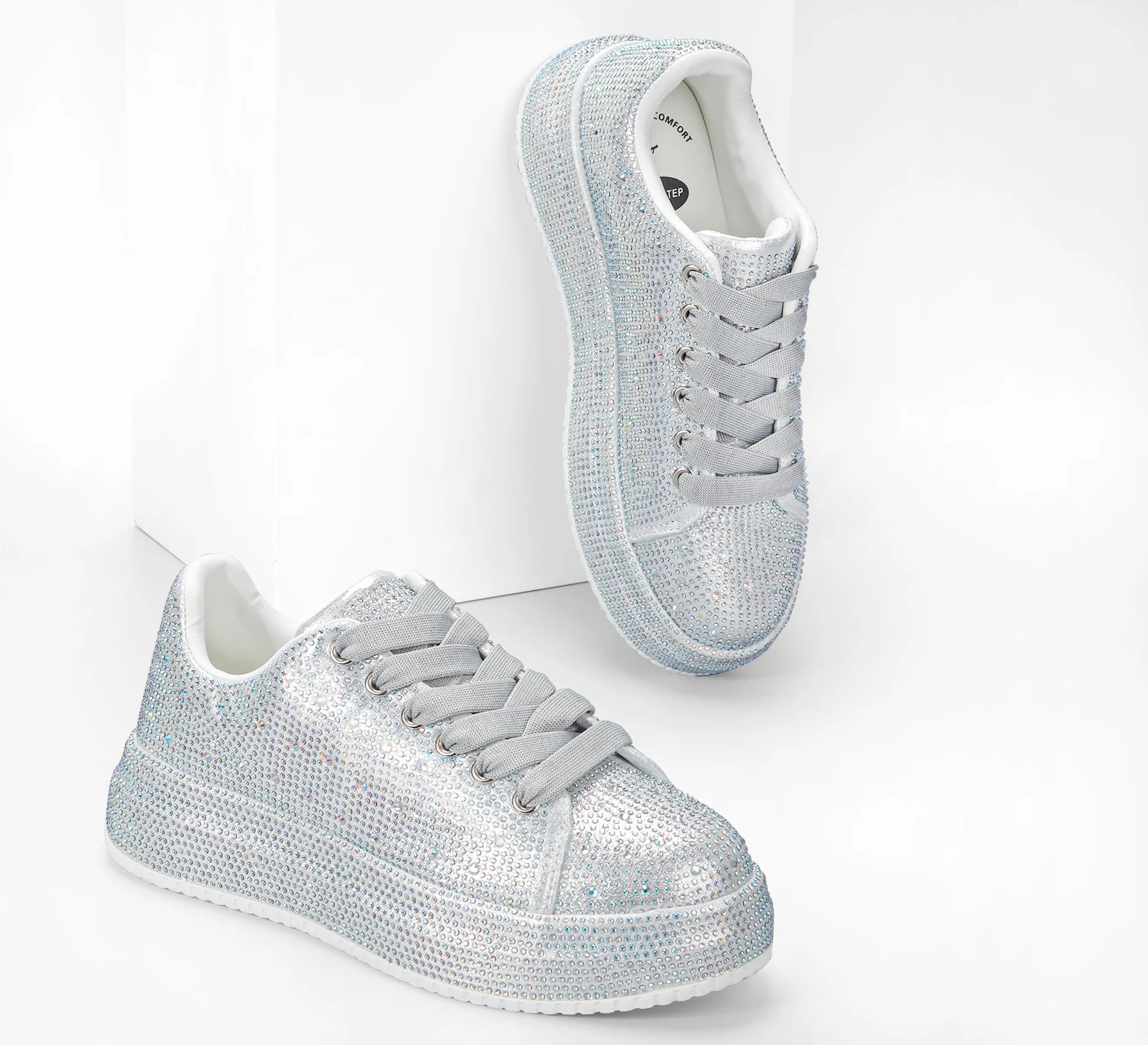 LUCKY STEP Trampki z kryształami górskimi dla kobiet platforma błyszczące błyszczące buty do tenisa moda olśniewające wesele wesele trampki do chodzenia