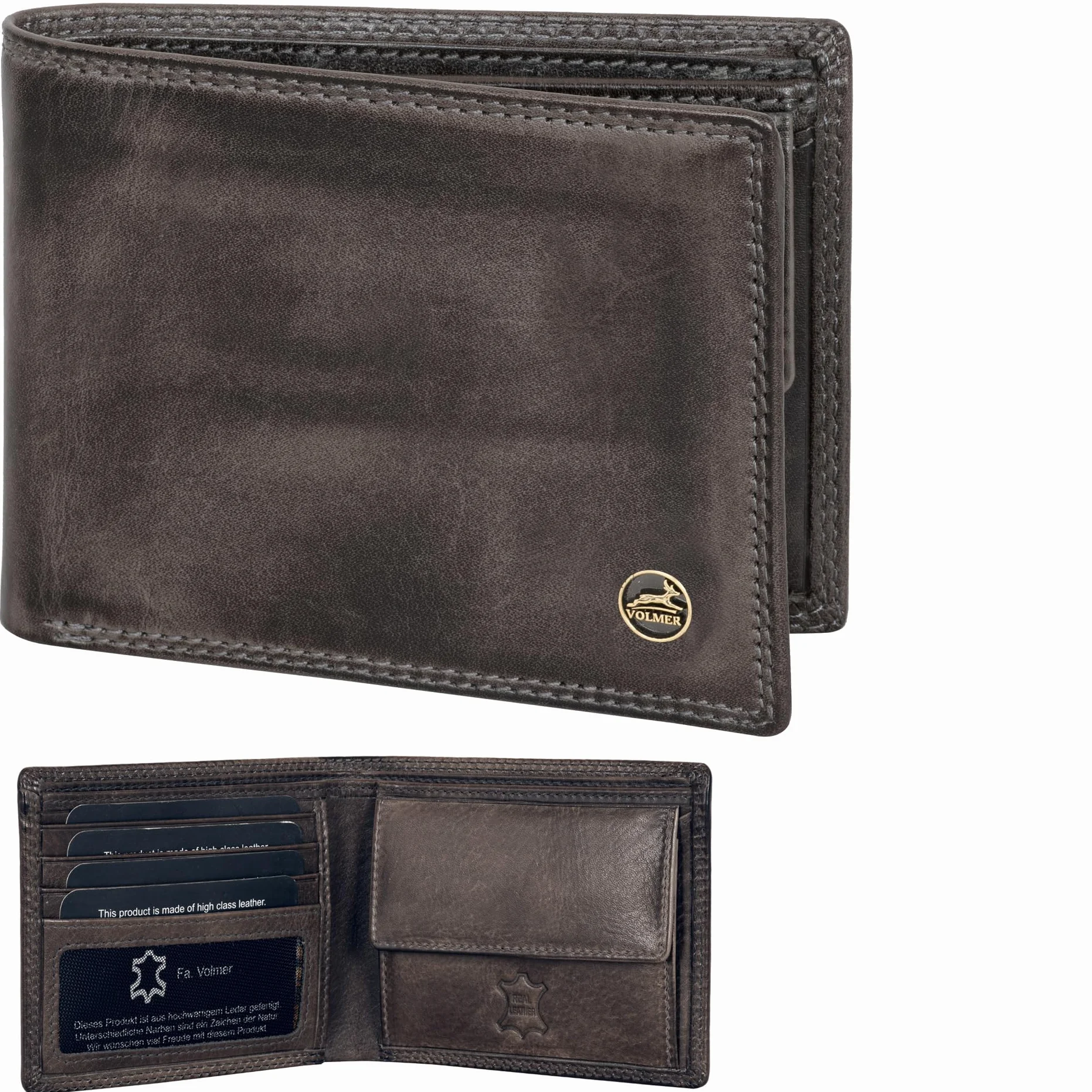 Fa.Volmer Męski skórzany portfel z ochroną RFID, podwójne szwy, ekstra stabilny, Szary, schlanke Brieftasche, Klasyczny