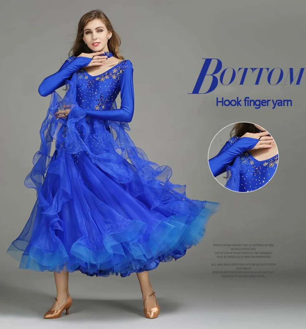 Damskie sukienki tańca towarzyskiego, wykwintne hafty diamentowe Foxtrot Waltz konkursowa sukienka, taniec nowoczesny z długim rękawem Prom Performance Dance Dress