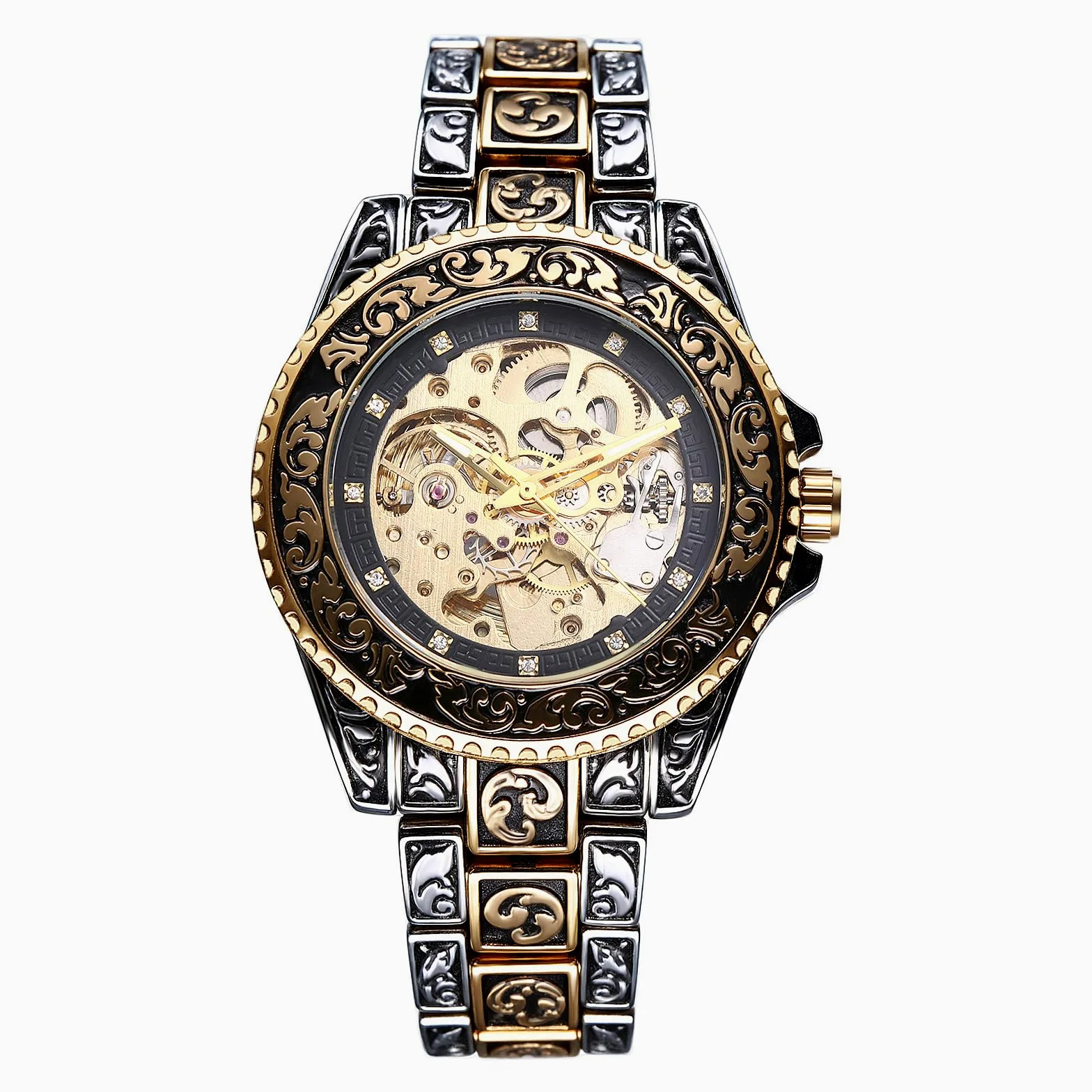JewelryWe Zegarek męski w stylu vintage, szkielet, zegarek automatyczny: antyczny złoty, 36 godzin rezerwy biegów, automatyczny, mechaniczny zegarek na rękę, stal nierdzewna, automatyczny zegarek ze