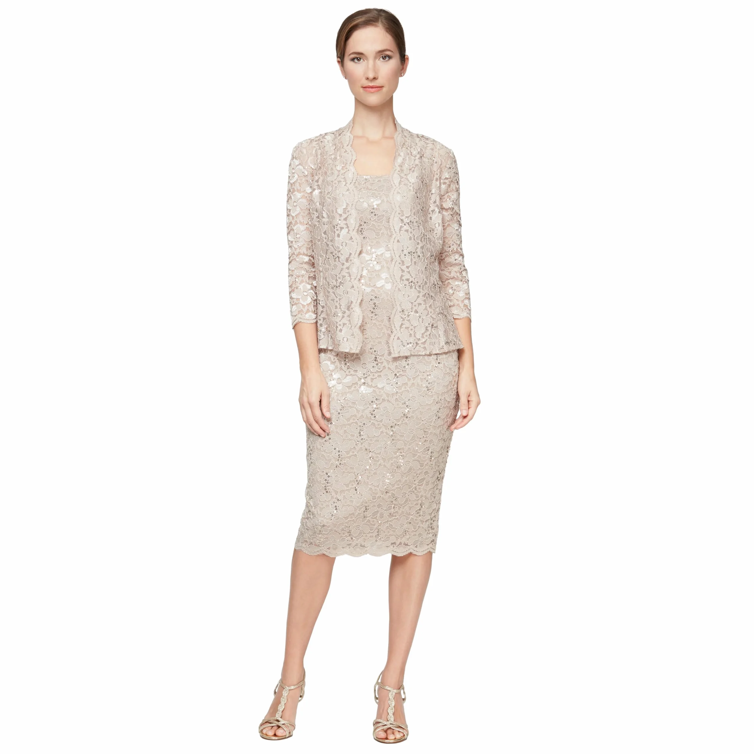 S.L. Fashions Women's Tea Length Sequin Lace Special Occasion Dress with Illusion Sleeve Jacket (Petite and Regular Sizes), Champagne, 14