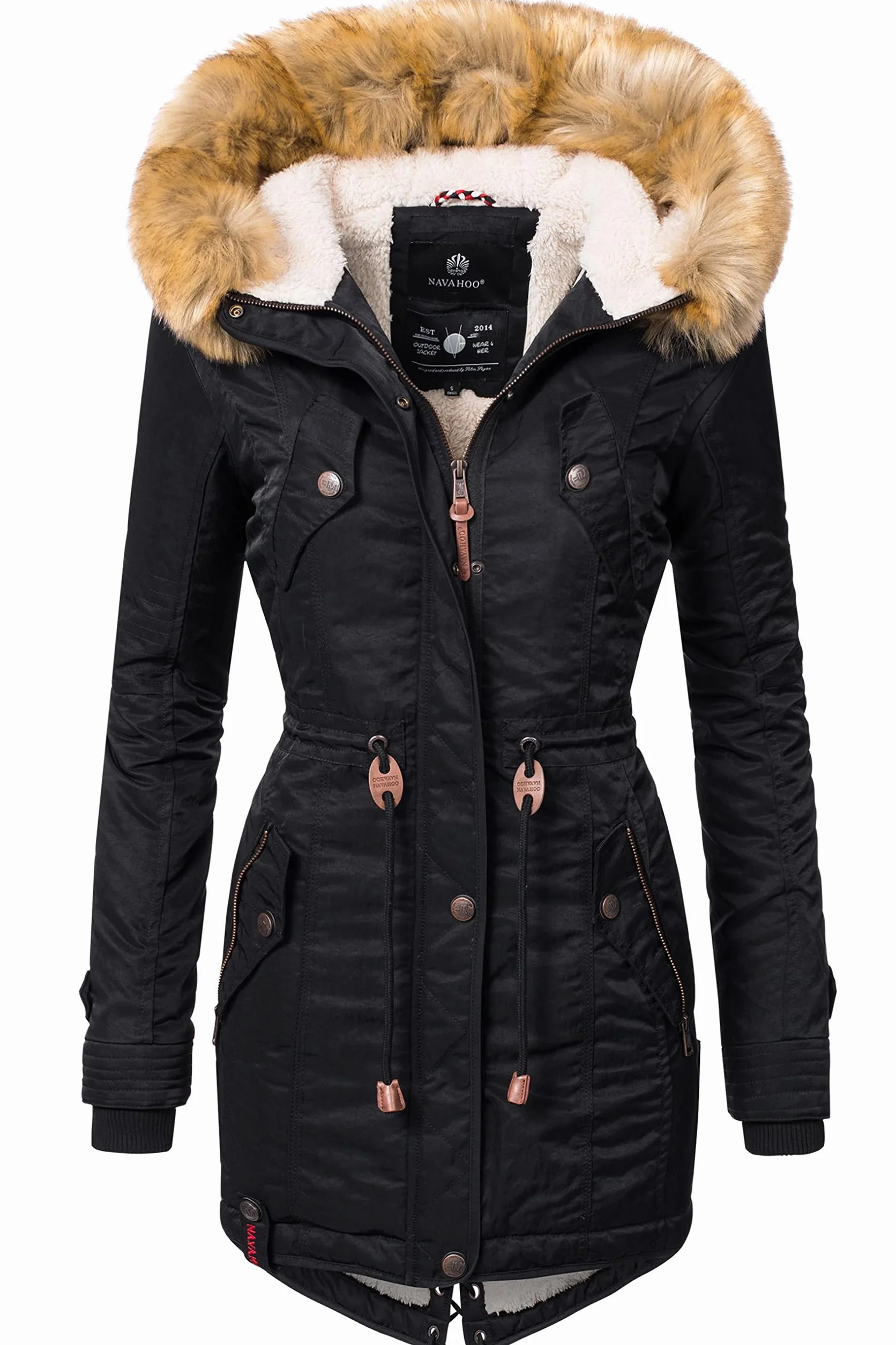 Navahoo Damski płaszcz zimowy, ciepła parka, długi z kapturem, La Viva, XS-3XL