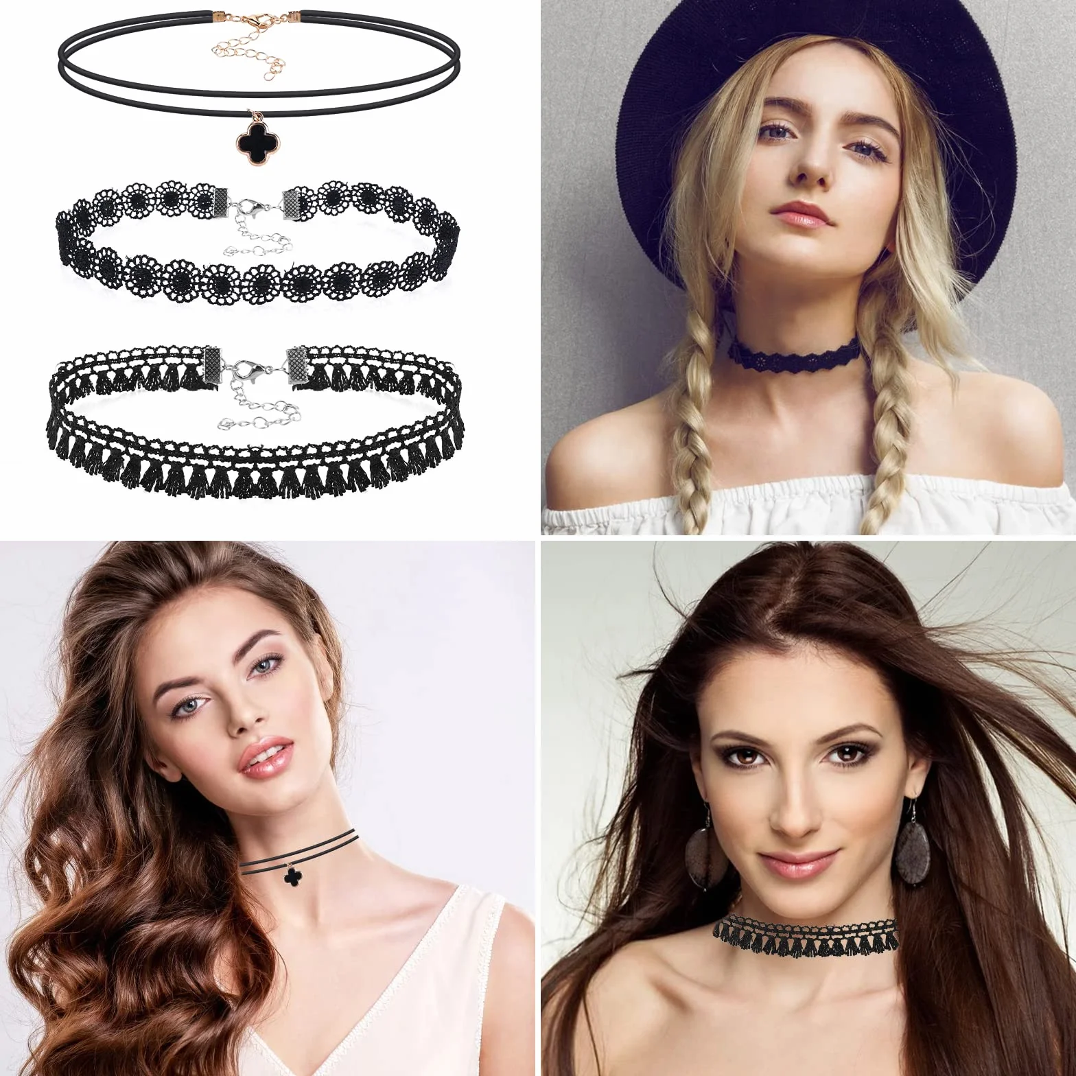 ASTER Zestaw 15 czarnych naszyjników typu choker, dla kobiet, dziewcząt, gotycki kołnierz, koronka, Halloween, Boże Narodzenie