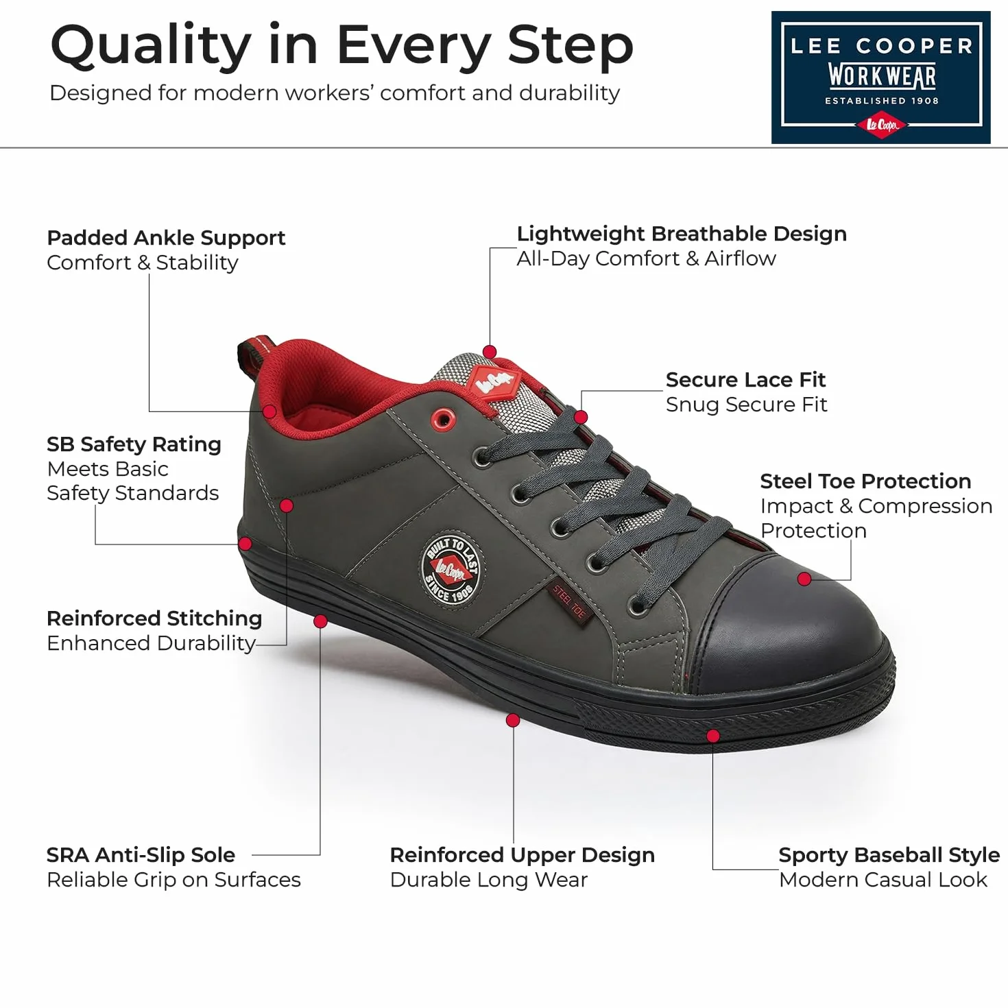 Lee Cooper ‎LCSHOE054 Unisexowe obuwie ochronne robocze SB/SRA w stylu retro baseball nowoczesny design buty robocze BHP, Szary, 36 EU