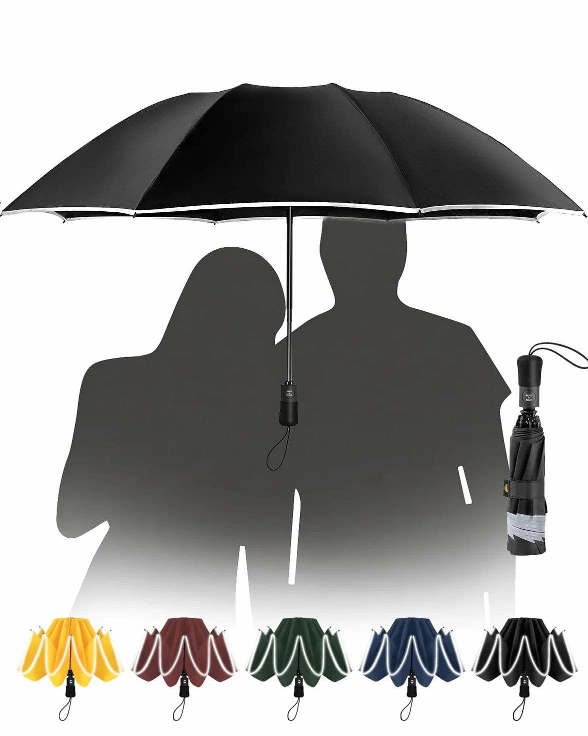 Parasol duży, odporny na burzę, odblaskowy, dla mężczyzn i kobiet – parasol kieszonkowy, automatyczne rozkładanie i wychodzenie, kompaktowy, przenośny, czarny, powłoka 210T, rozpiętość 106 cm