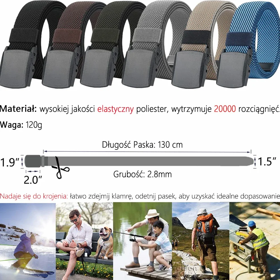 LionVII Plastikowe paski mężczyźni kobiety elastyczne rozciągliwe płótno bez metalowej klamry do pracy 130cm