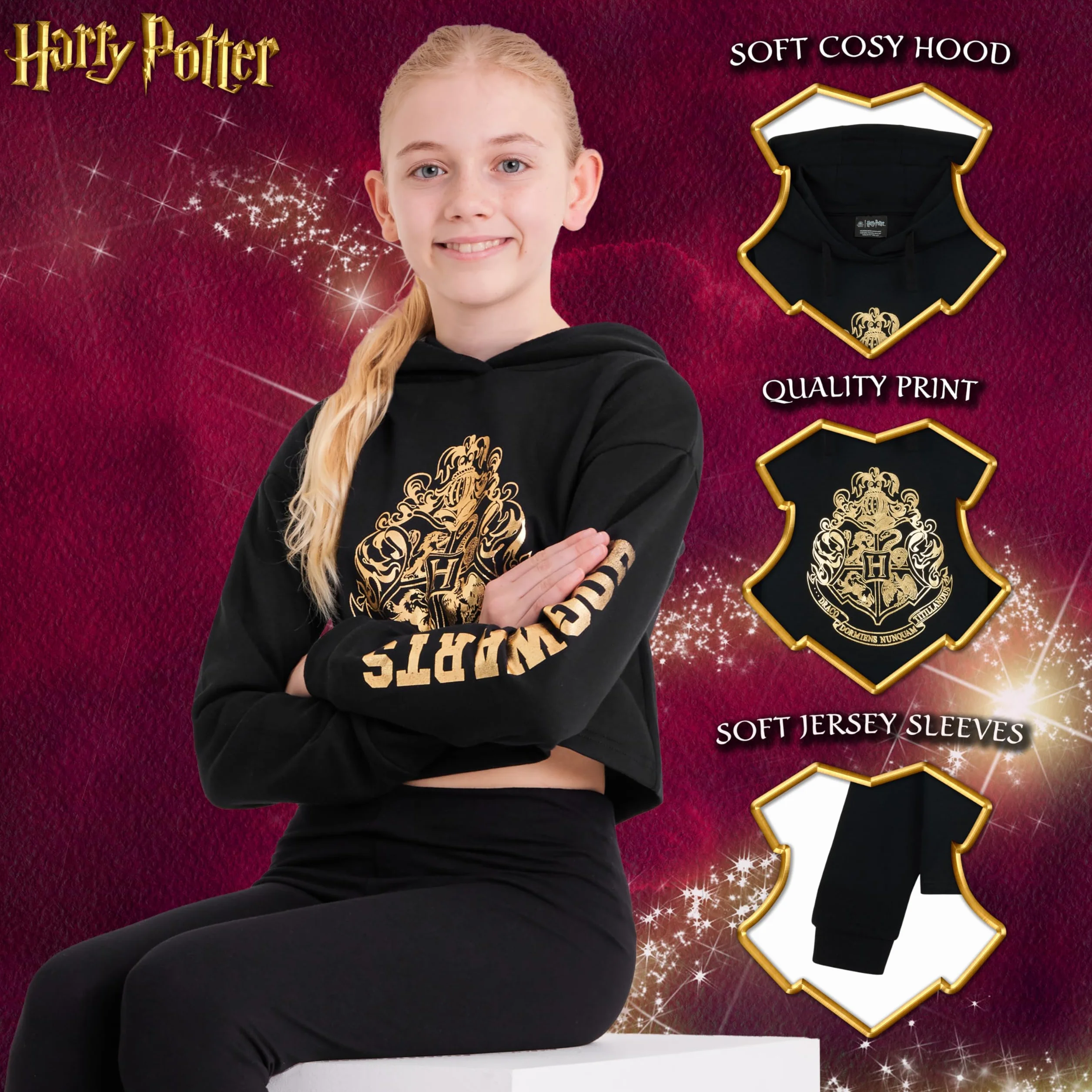 Harry Potter Bluzy, czarna bluza z kapturem dla dziewczynek i nastolatków, oficjalne towary