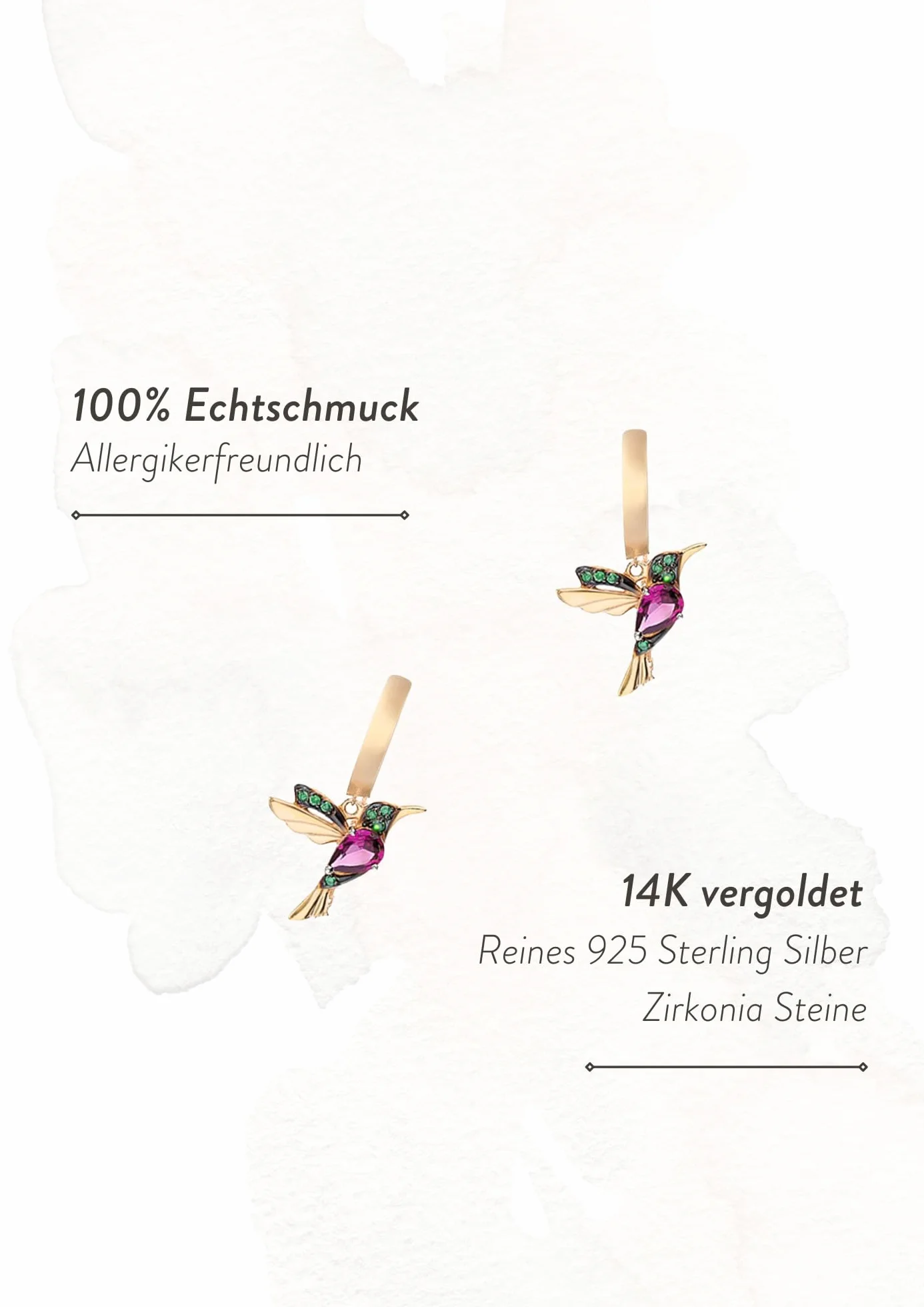 Einzelstück® Koliber Hoops I kolczyki ze srebra wysokiej próby 925 w kształcie ptaka I kreole z zielonymi i różowymi cyrkoniami, 14-karatowe złoto i różowe złoto, prawdziwa biżuteria przyjazna