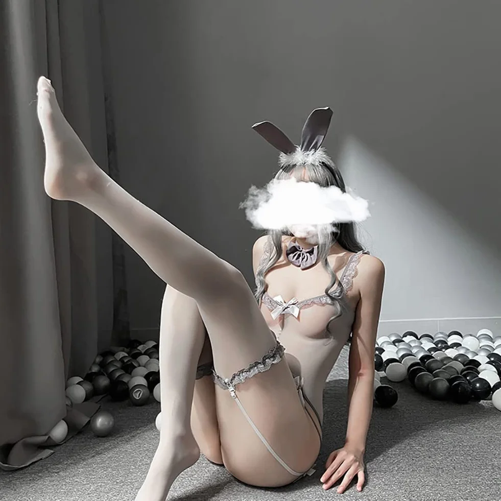 Bunny Anime Bielizna damska z prześwitującą siateczką, seksowny kostium króliczka Senpai, jednoczęściowy zestaw pończoch