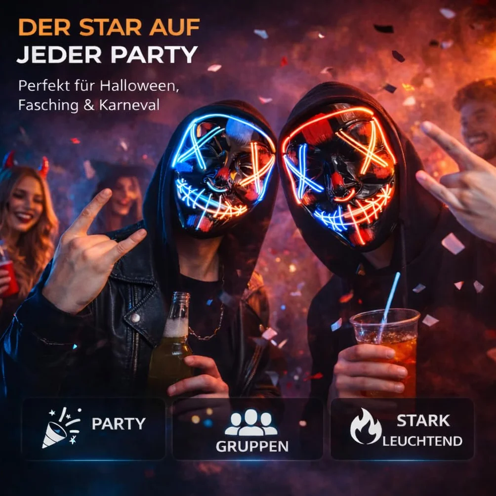 Maska na Halloween Purge LED, maska kostiumowa, sterowana, na karnawał, kostium i przebranie dla mężczyzn i kobiet (wybór koloru)