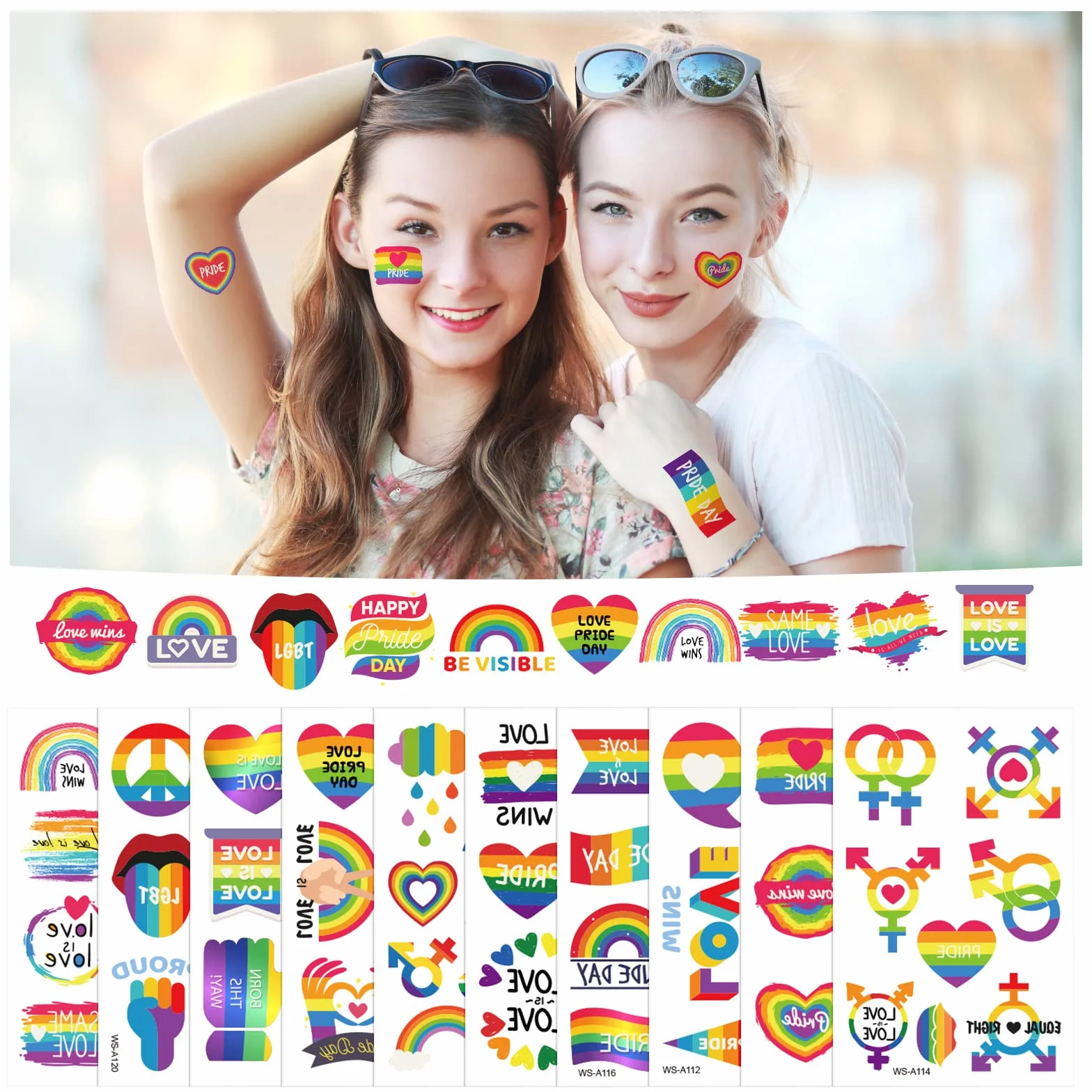 AOMIG 70+ stylów tatuaży z dumą, 10 dużych arkuszy tymczasowych tatuaży Gay Pride, wodoodporne naklejki z tatuażami LGBT Rainbow Flag na festiwale Pride dekoracje świąteczne