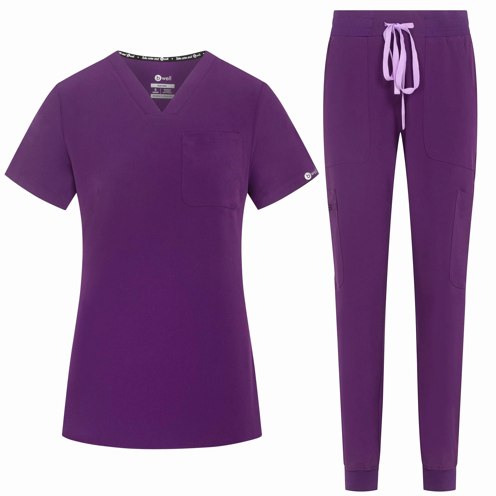 B-well Naomi Damen-Schrubb-Set Schlupfkasack + Schlupfhose Set Medizin Arzt Uniform Schlupfjacke Oberteil mit Hose Medizinische Berufsbekleidung mit Elastan (Aubergine, 3XL)