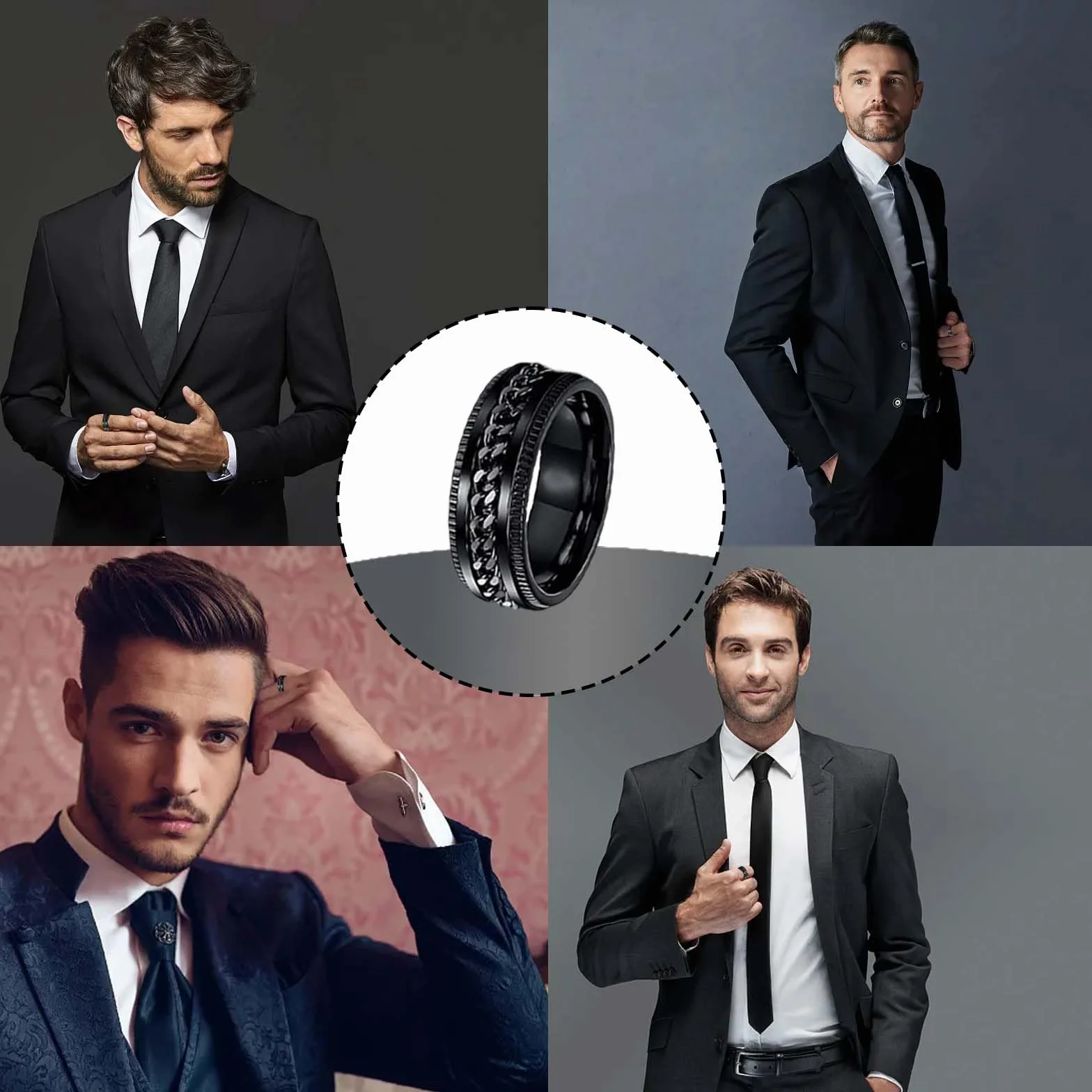 9 sztuk męskich pierścionków, fajny czarny pierścień, bransoletka w kształcie ogniwa, pierścionek fidget ring, zestaw pierścionków spinningowych, obrączki ślubne, czarne pierścionki dla