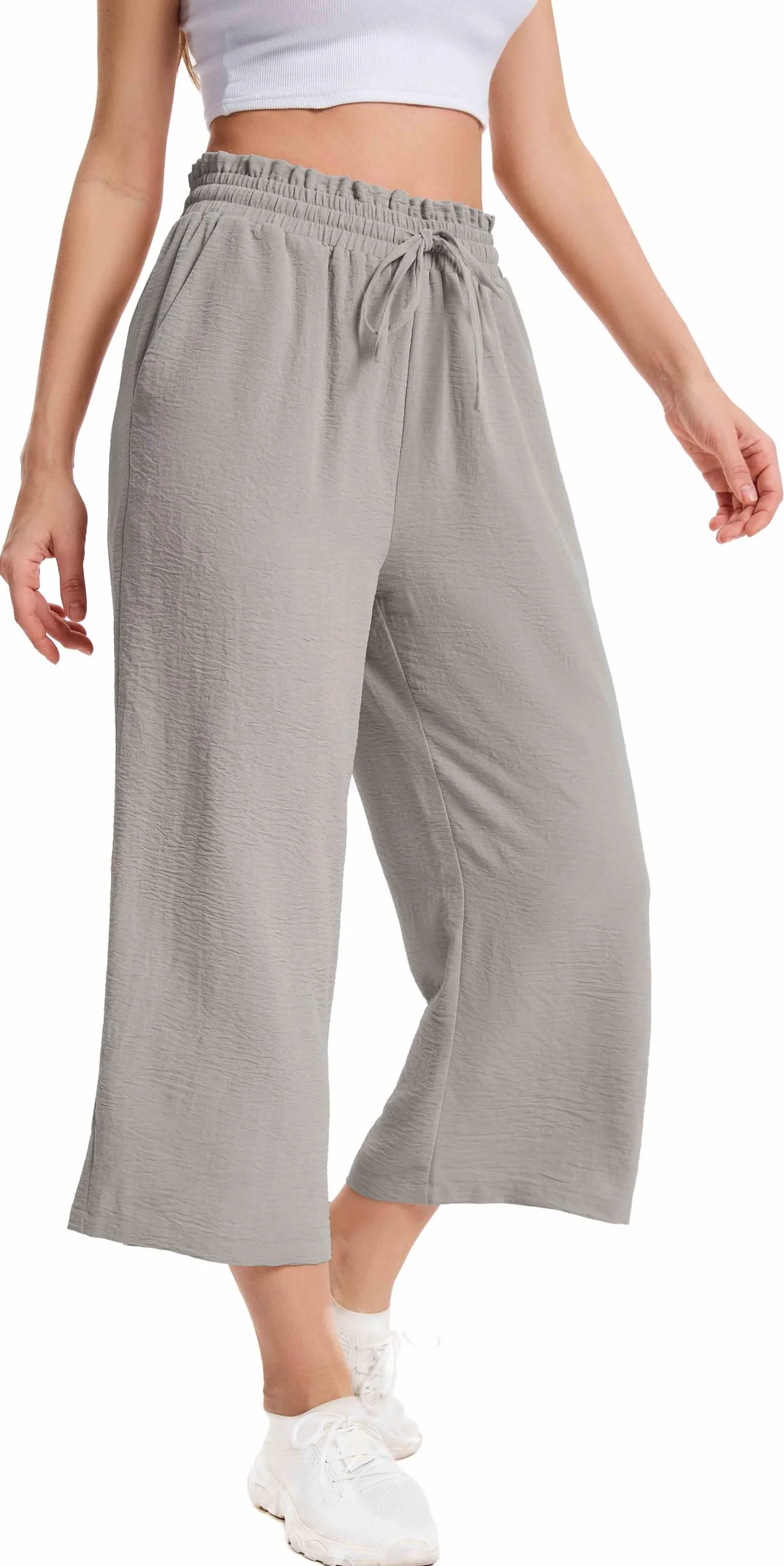 Damskie Spodnie Letnie 3/4 Culotte Wysoki Stan z Falbanką Elastyczną Talią Lekkie Oddychające Spodnie Capri z Kieszeniami dla Kobiet