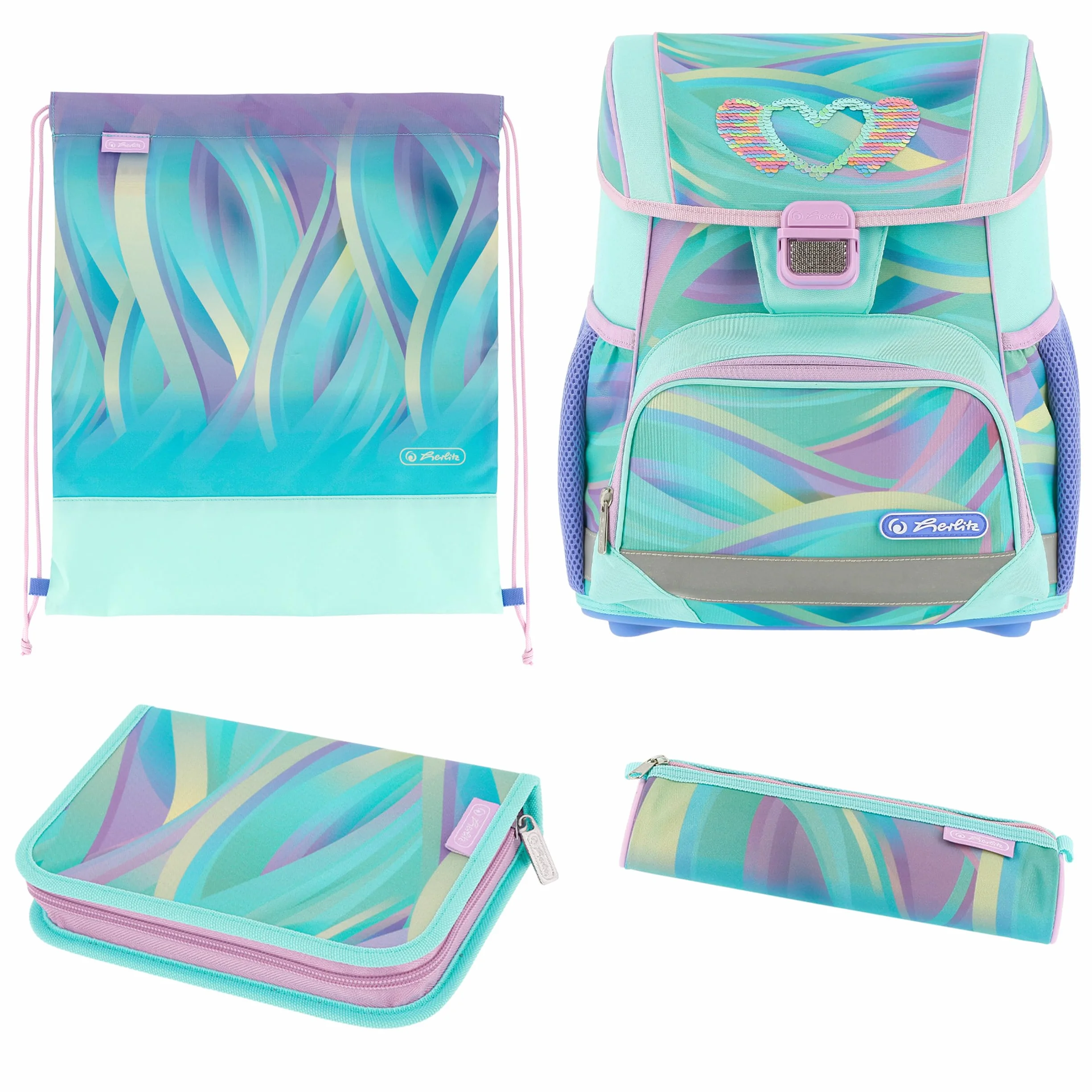 herlitz Tornister szkolny zestaw 4-częściowy Loop Minty Love Pastel 17 l ergonomiczny tornister o niskiej wadze 1. klasa chłopcy dziewczynki dzieci