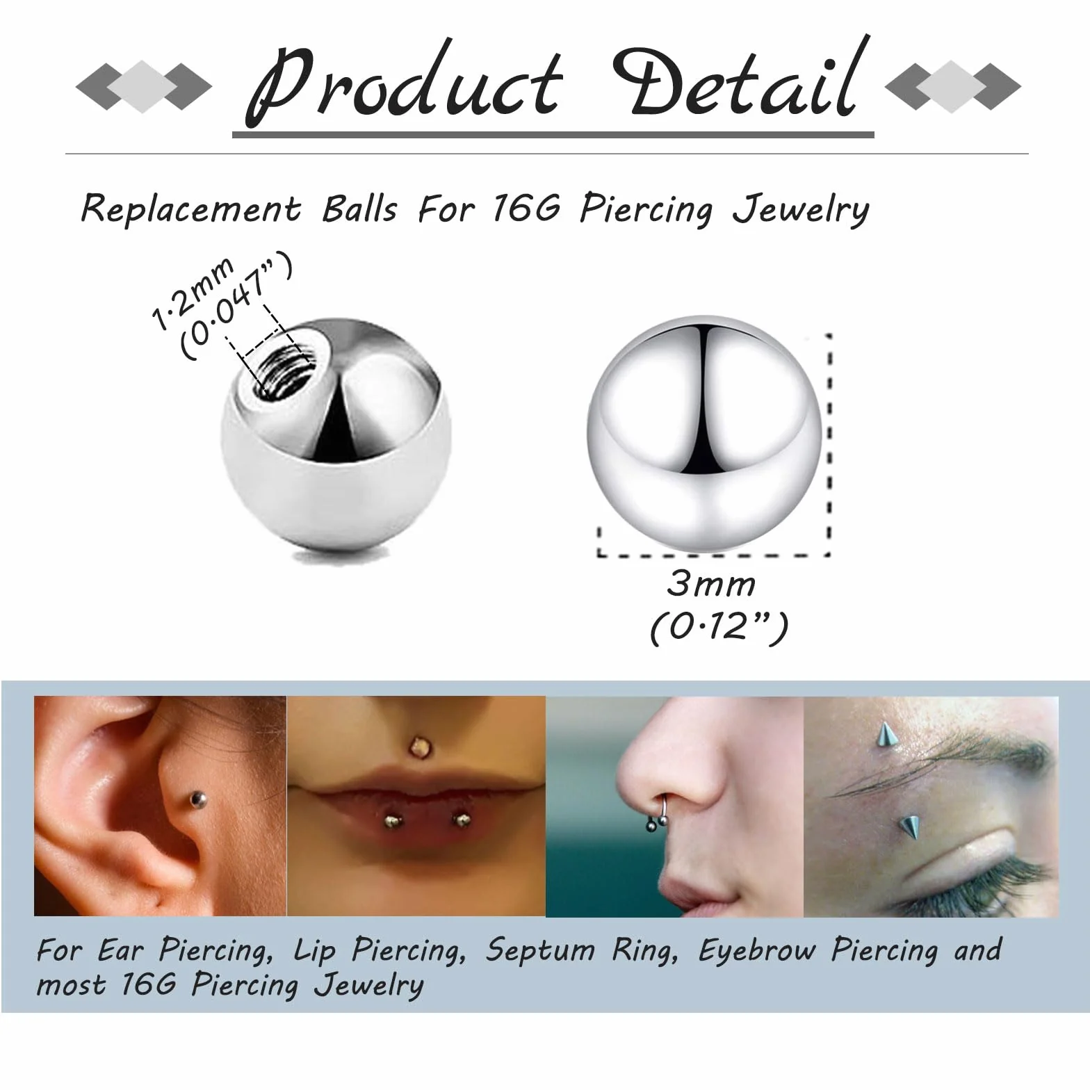 Kulki do piercingu, 30 sztuk, 3 mm, srebrne, kulka zapasowa, stal chirurgiczna, gwint 1,2 mm, do piercingu nosa, wargi, brwi, helix