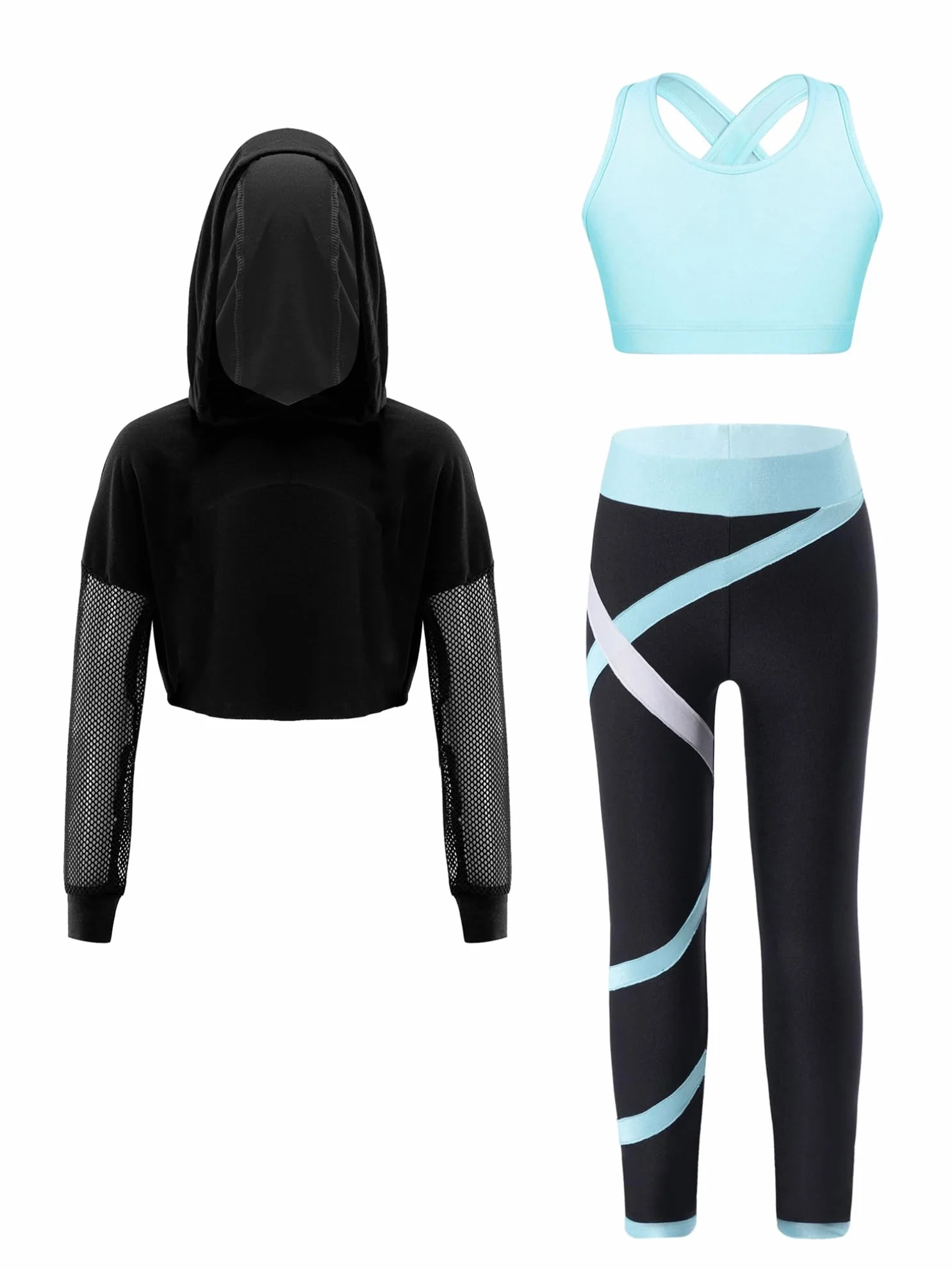 FEESHOW Dziecięcy dres treningowy dla dziewcząt, sportowy biustonosz i legginsy, zestaw z kapturem dla dzieci, do treningu, sportu, jazzu, tańca, hip-hopu, ubrania