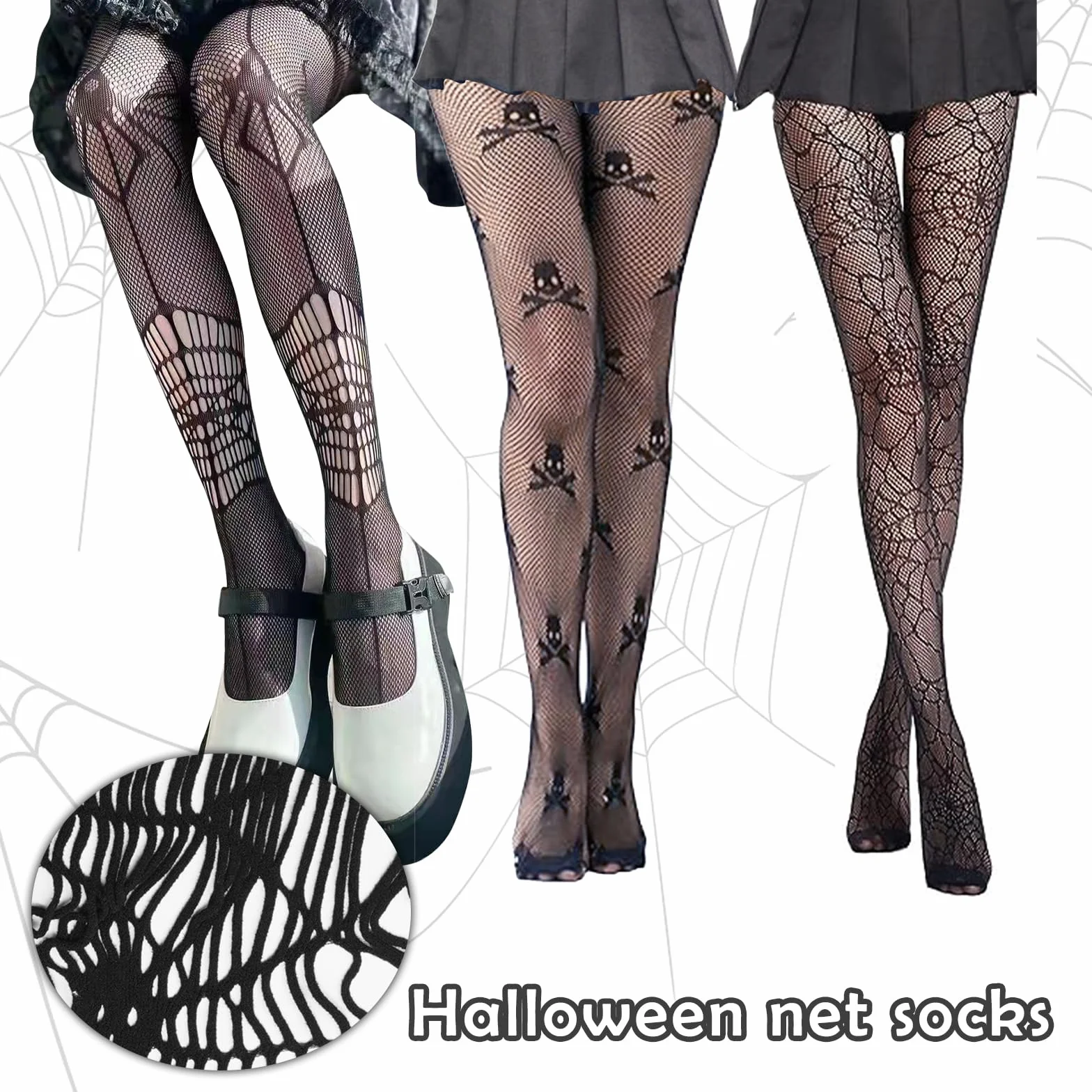 Rajstopy siatkowe na Halloween, czarne, pajęczyna, rajstopy na Dzień Zmarłych, rajstopy szkieletowe, damskie rajstopy, Halloween, akcesoria kostiumowe, Dzień Zmarłych, festiwal, karnawał