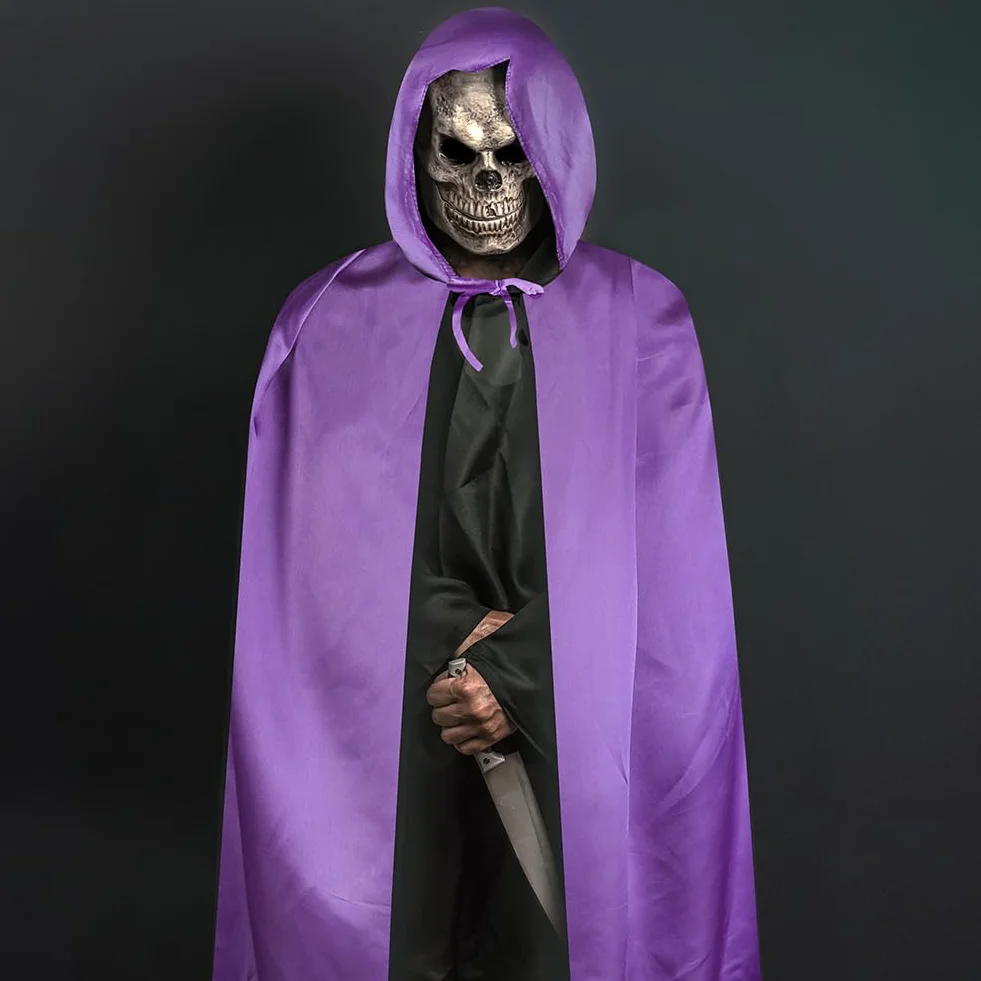 Aomig Czarna peleryna z kapturem na Halloween dla dorosłych, długa peleryna z kapturem, czarownica, akcesoria do cosplay, tajemniczy czarodziej, bajkowy, fantazyjny kostium, Halloween, maskarada