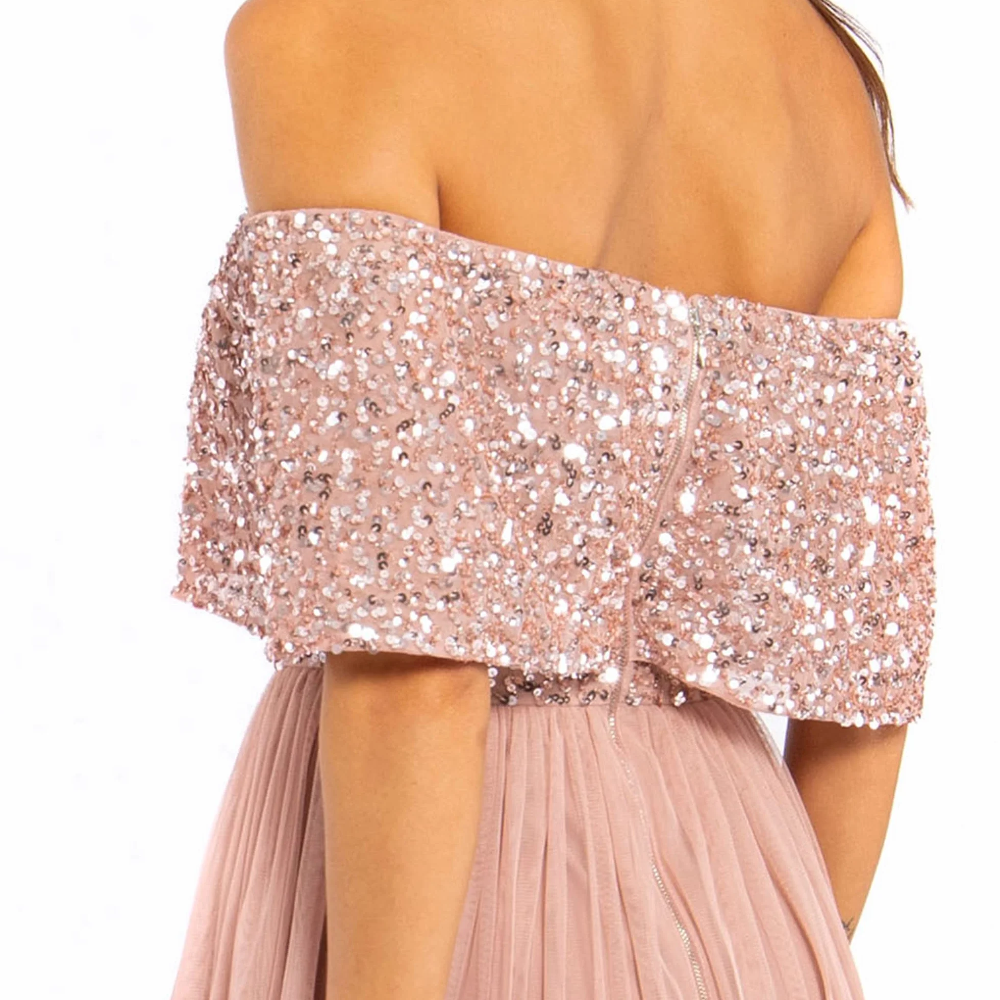 Maya Deluxe Miękka szara sukienka bardot Embellished Maxi dla druhny, kobiety