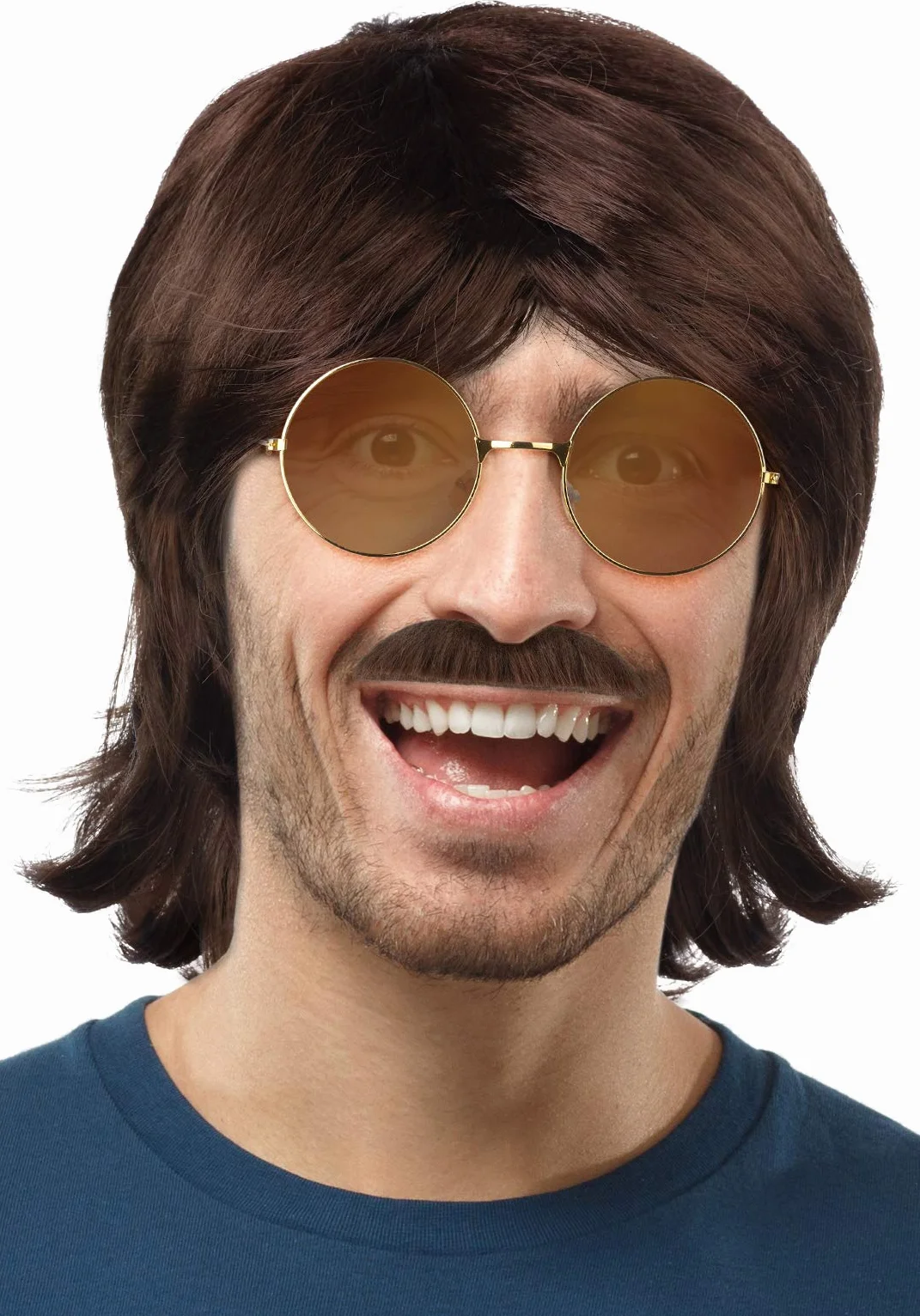 ZESTAW z krótk peruk mullet z lat 80/90 w kolorze brzowym + okulary + wsy