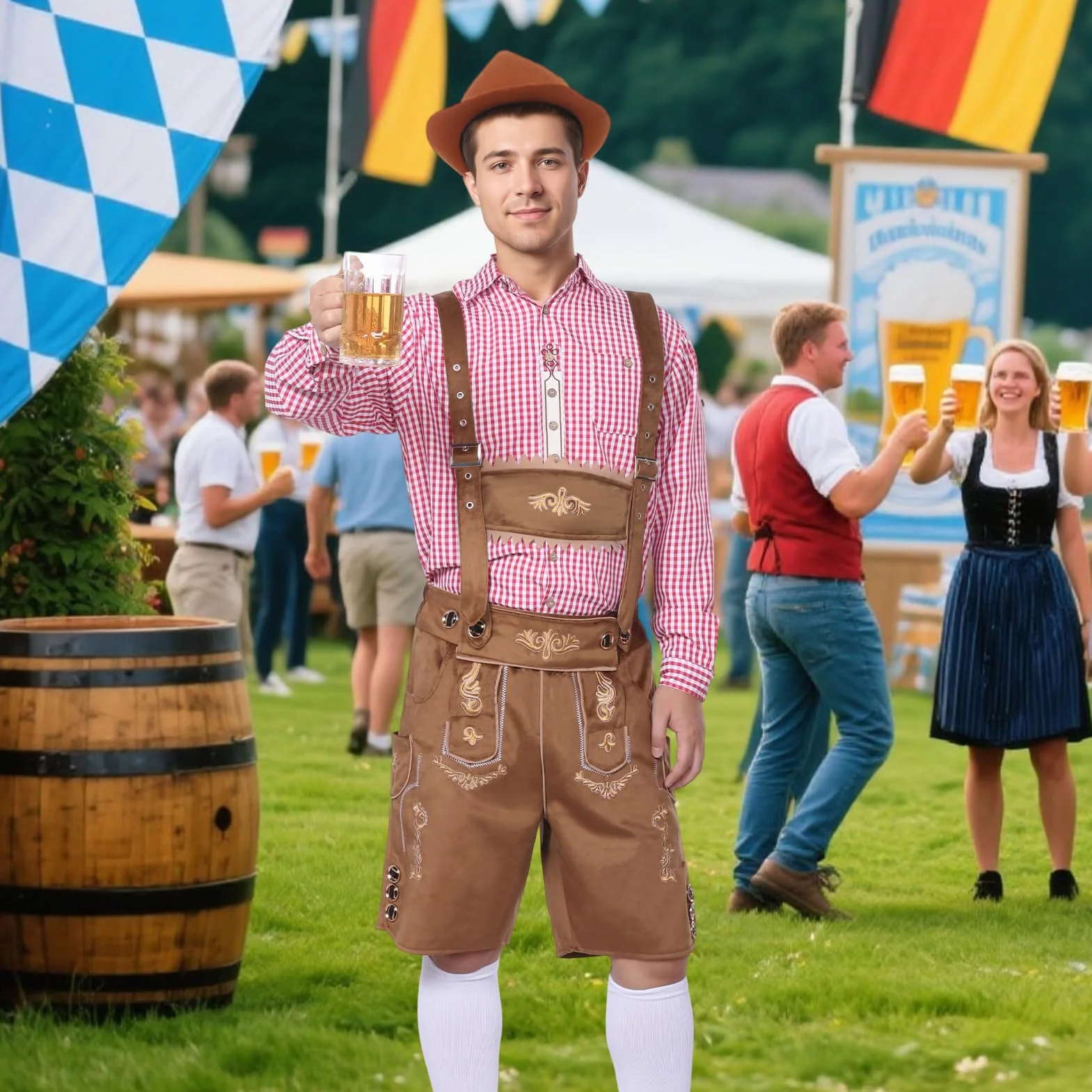 Strój męski na Oktoberfest, bawarski tradycyjny strój męski na Oktoberfest z tradycyjnymi skórzanymi spodniami, kapeluszem i skarpetkami na karnawałową imprezę cosplay (Brązowy, L)