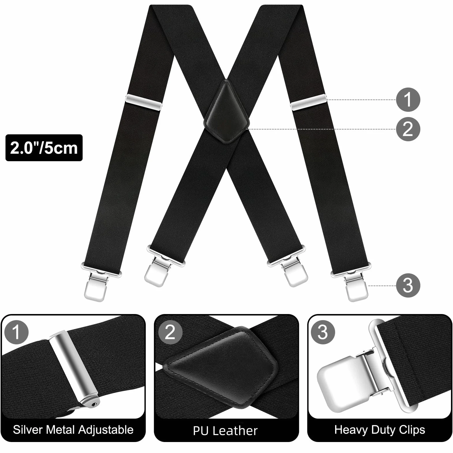 Męskie szelki bardzo mocne, szerokie, 5 cm, elastyczne, regulowane szelki dla mężczyzn z bardzo mocnymi 4 metalowymi klipsami, regulowane szelki w kształcie litery X